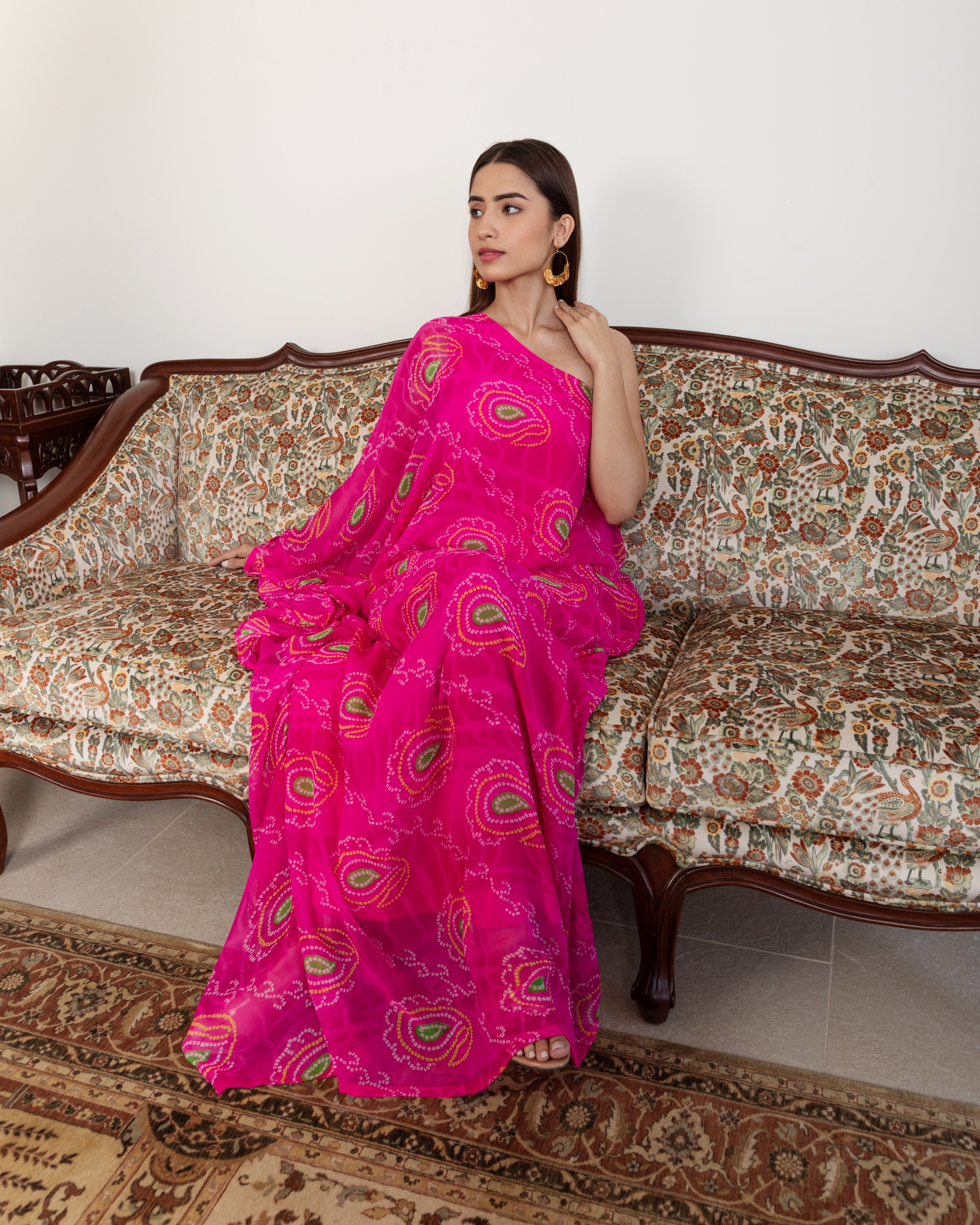 Pink Bandhani Off Shoulder Kaftan