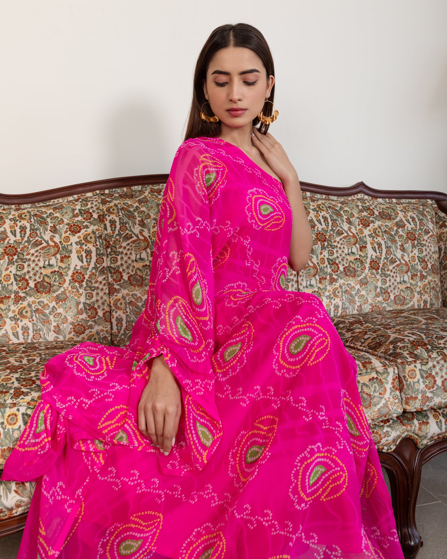 Pink Bandhani Off Shoulder Kaftan