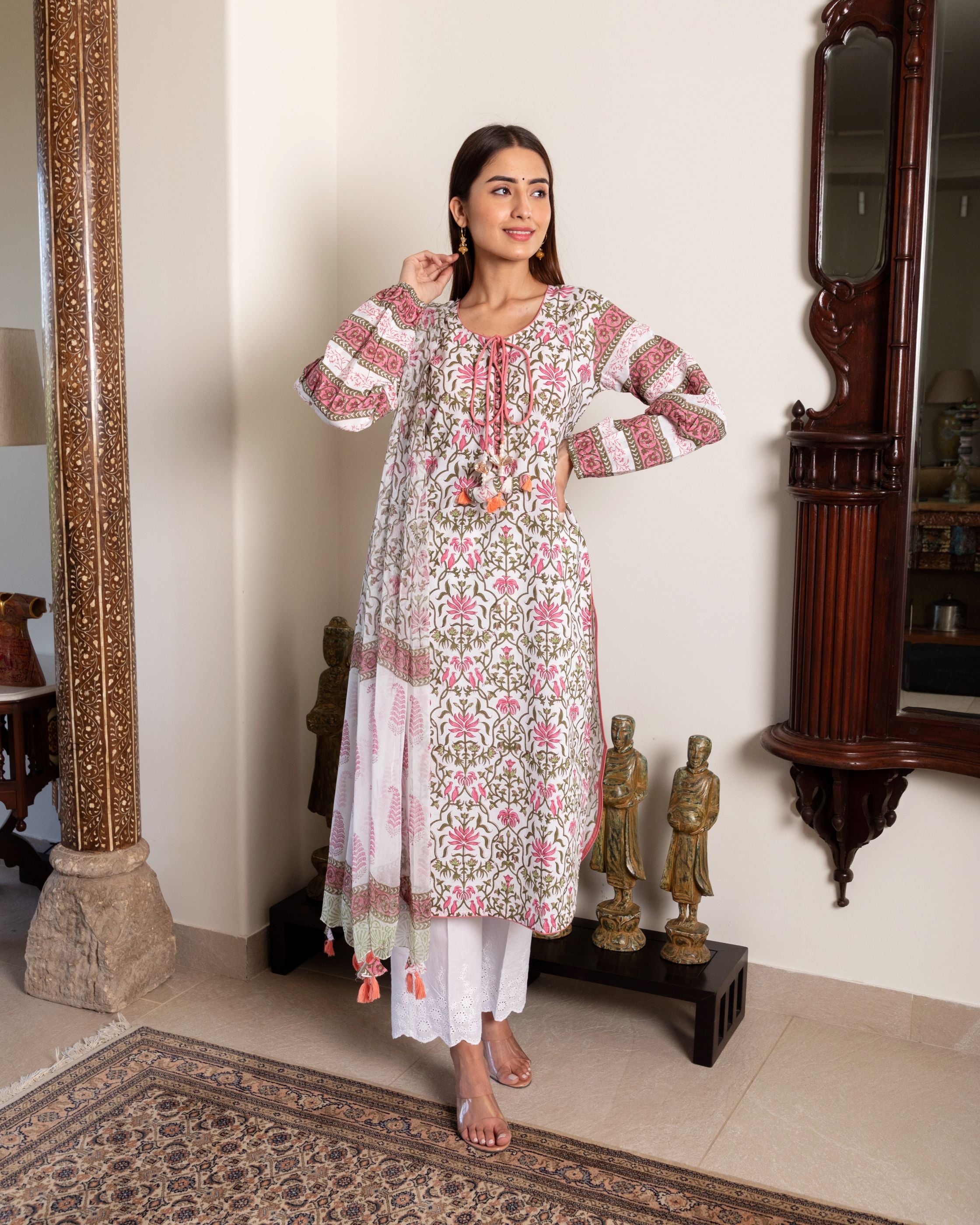 Bird and Floral Jaal Block Print Garden Kurta & Dupatta