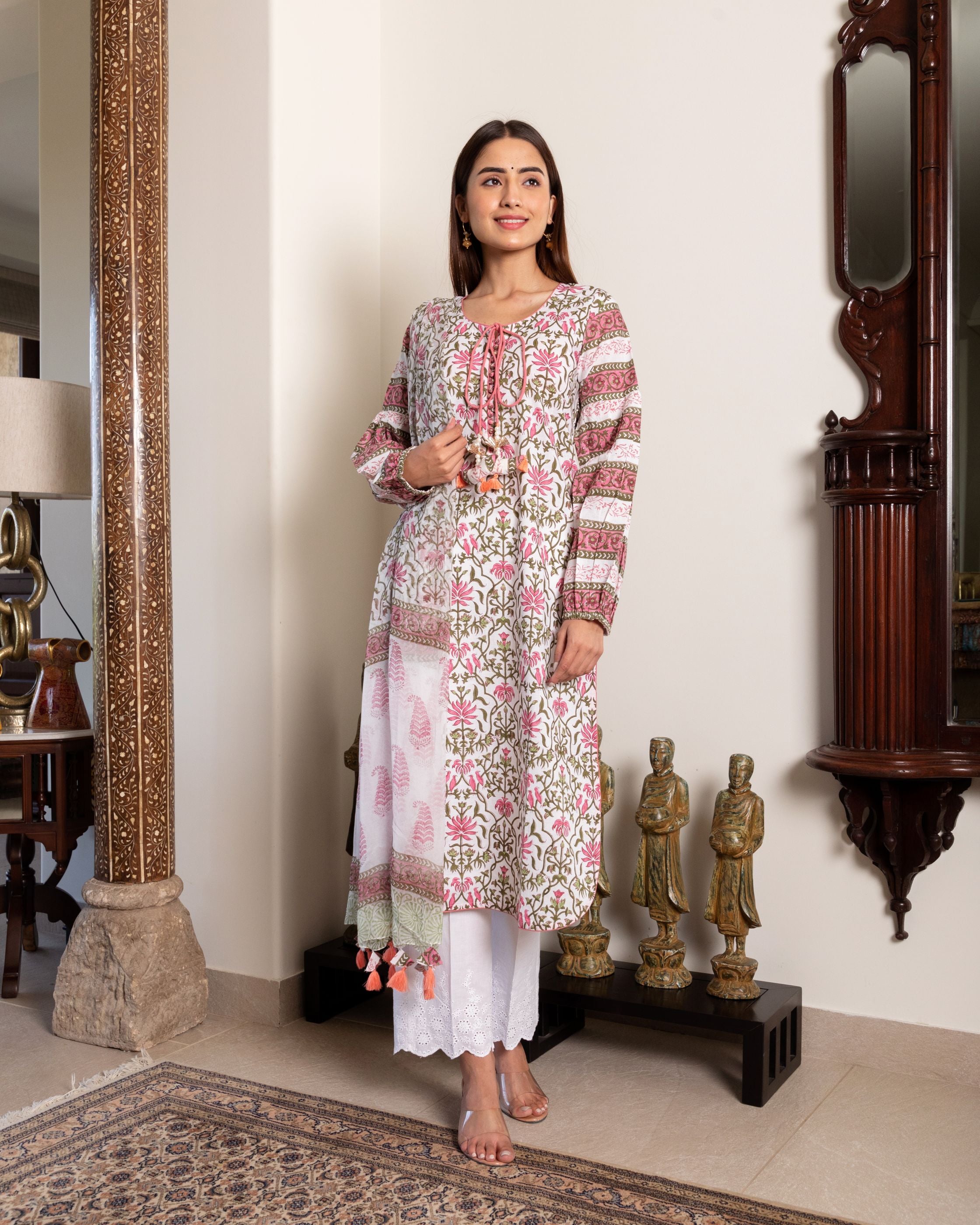 Bird and Floral Jaal Block Print Garden Kurta & Dupatta