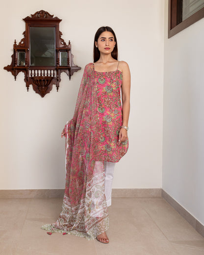 Pink Hand Block Printed Spaghetti Kurta Set