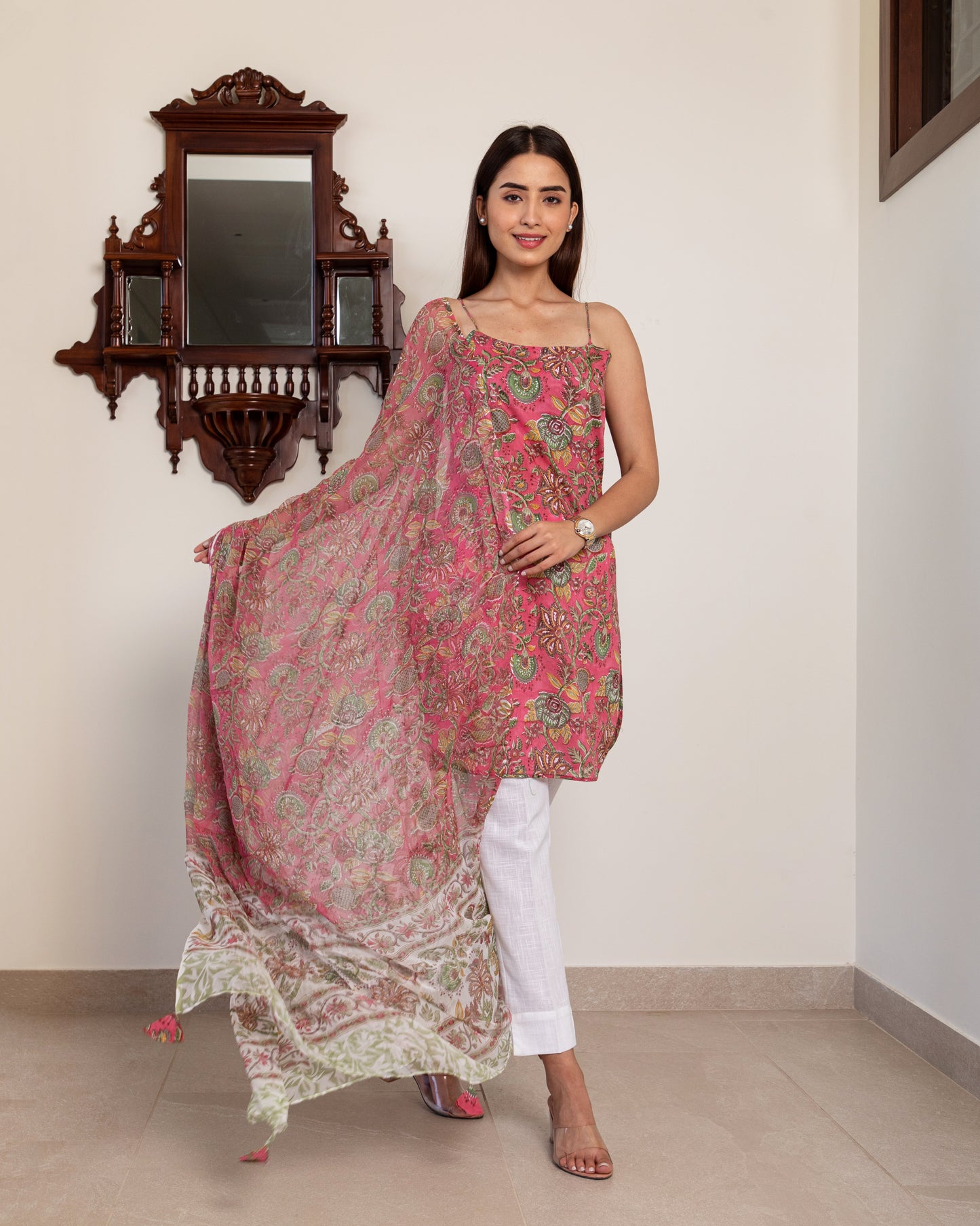 Pink Hand Block Printed Spaghetti Kurta Set