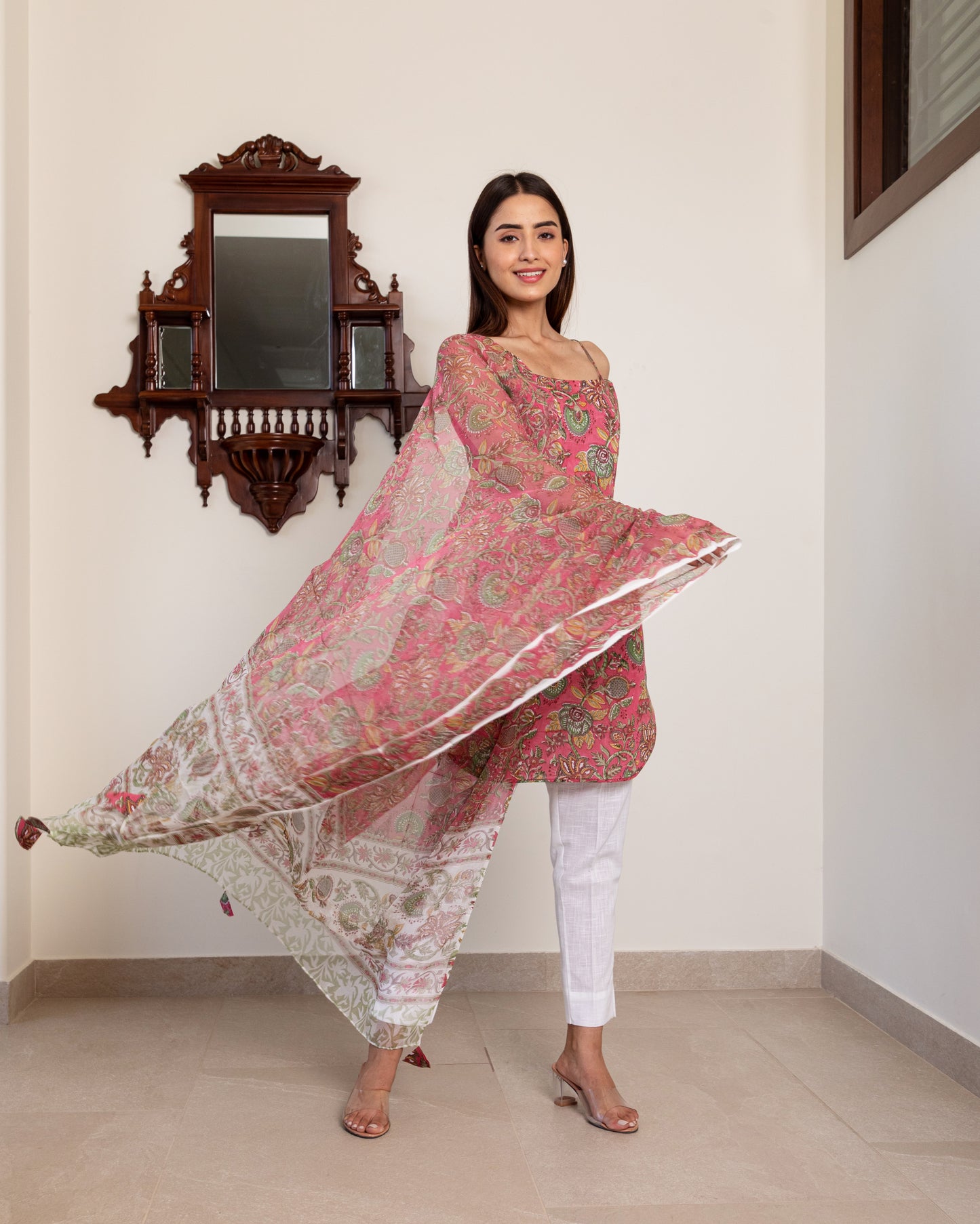 Pink Hand Block Printed Spaghetti Kurta Set