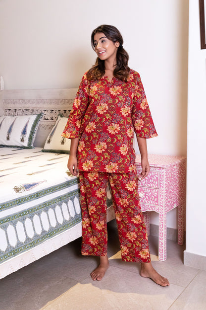 Carmine Red Floral Loungewear Kurta and Pyjama