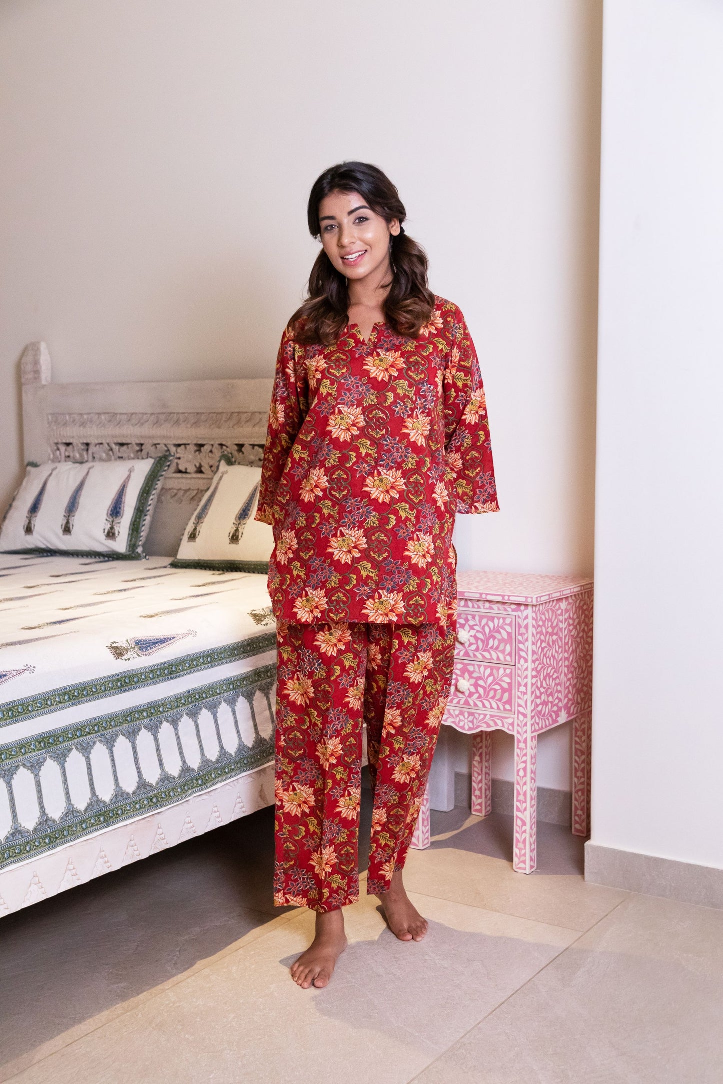 Carmine Red Floral Loungewear Kurta and Pyjama