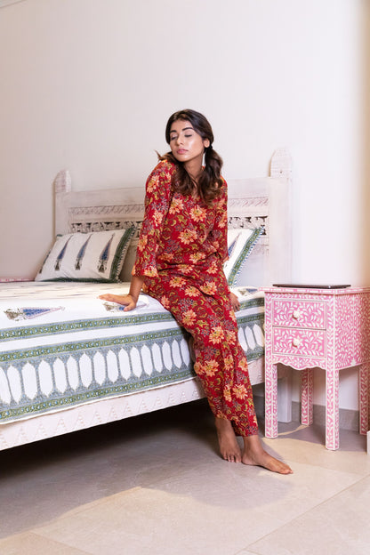 Carmine Red Floral Loungewear Kurta and Pyjama