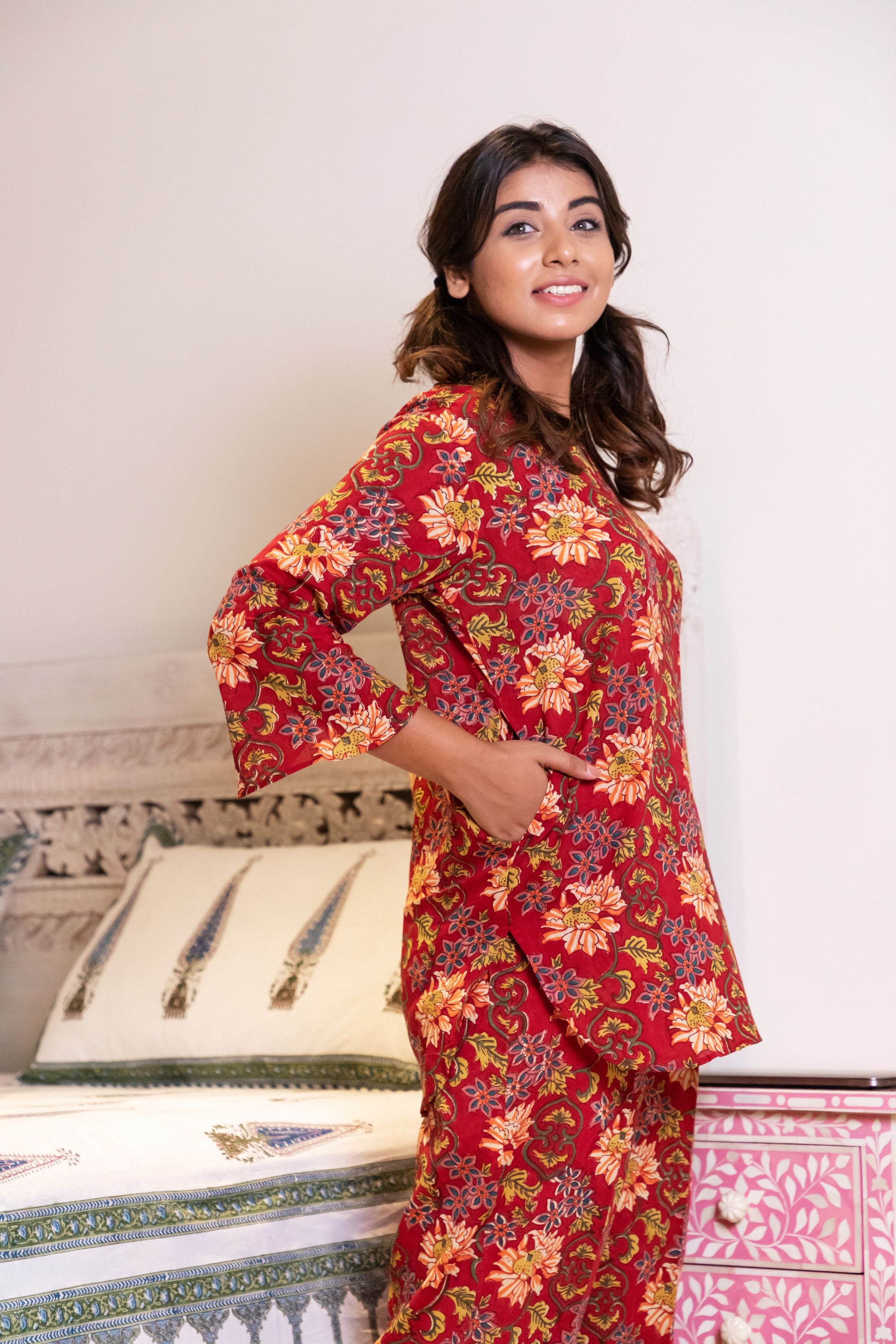 Carmine Red Floral Loungewear Kurta and Pyjama