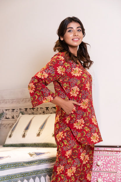 Carmine Red Floral Loungewear Kurta and Pyjama