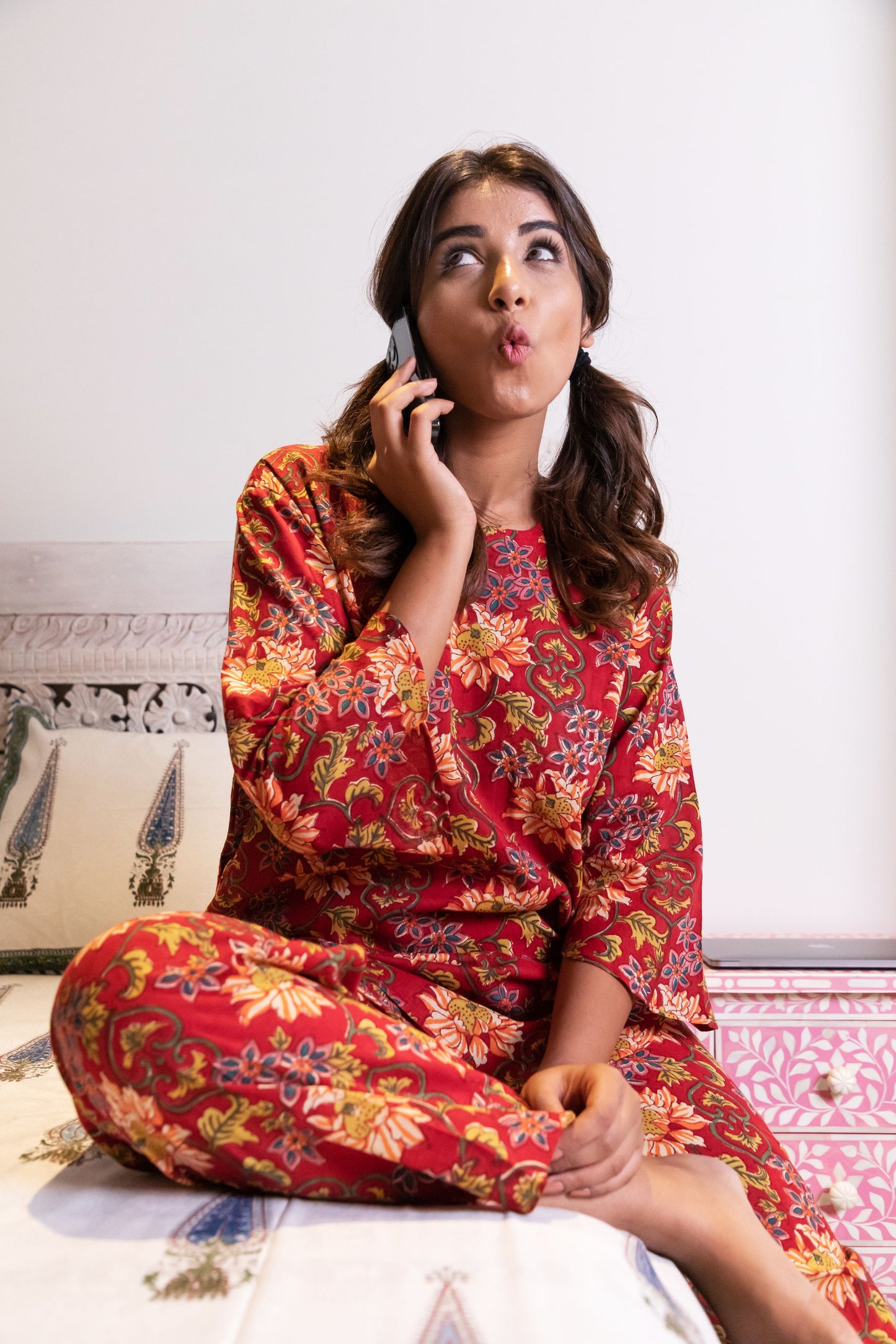 Carmine Red Floral Loungewear Kurta and Pyjama