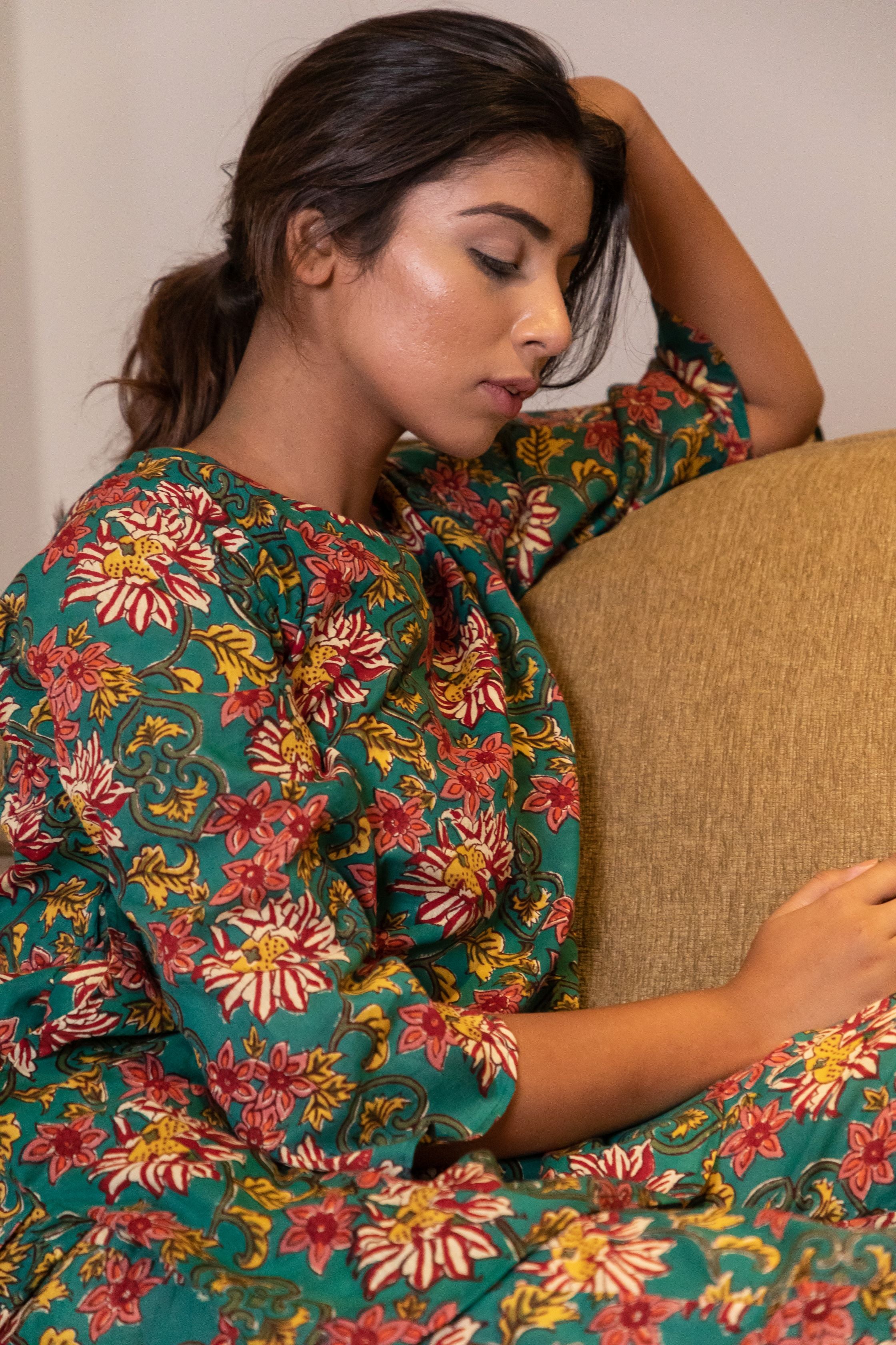 Basil Green Floral Loungewear Kurta and Pyjama