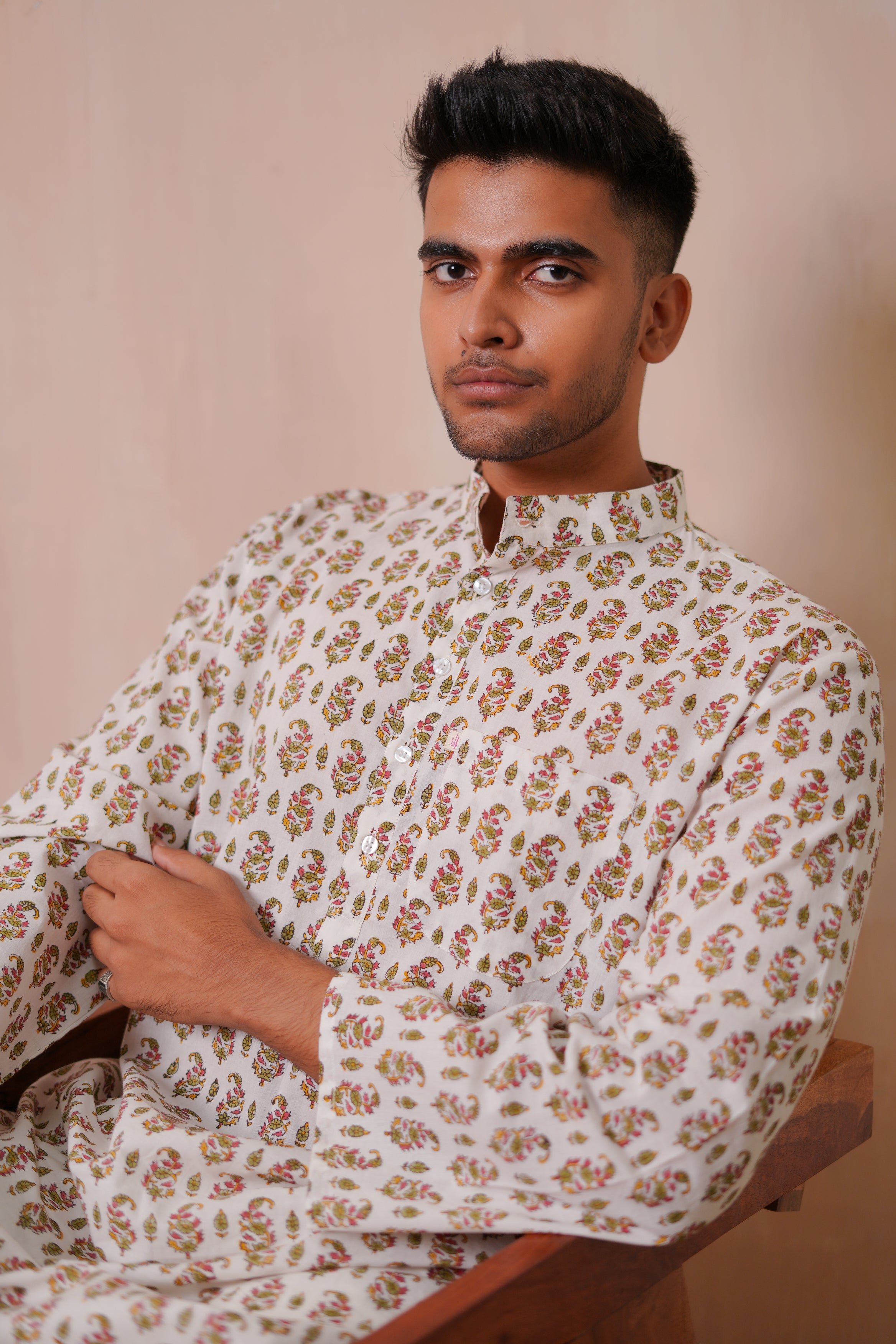 Red Gladiolus Hand Block Printed Buti Kurta Set