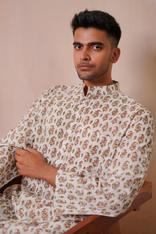 Red Gladiolus Hand Block Printed Buti Kurta Set