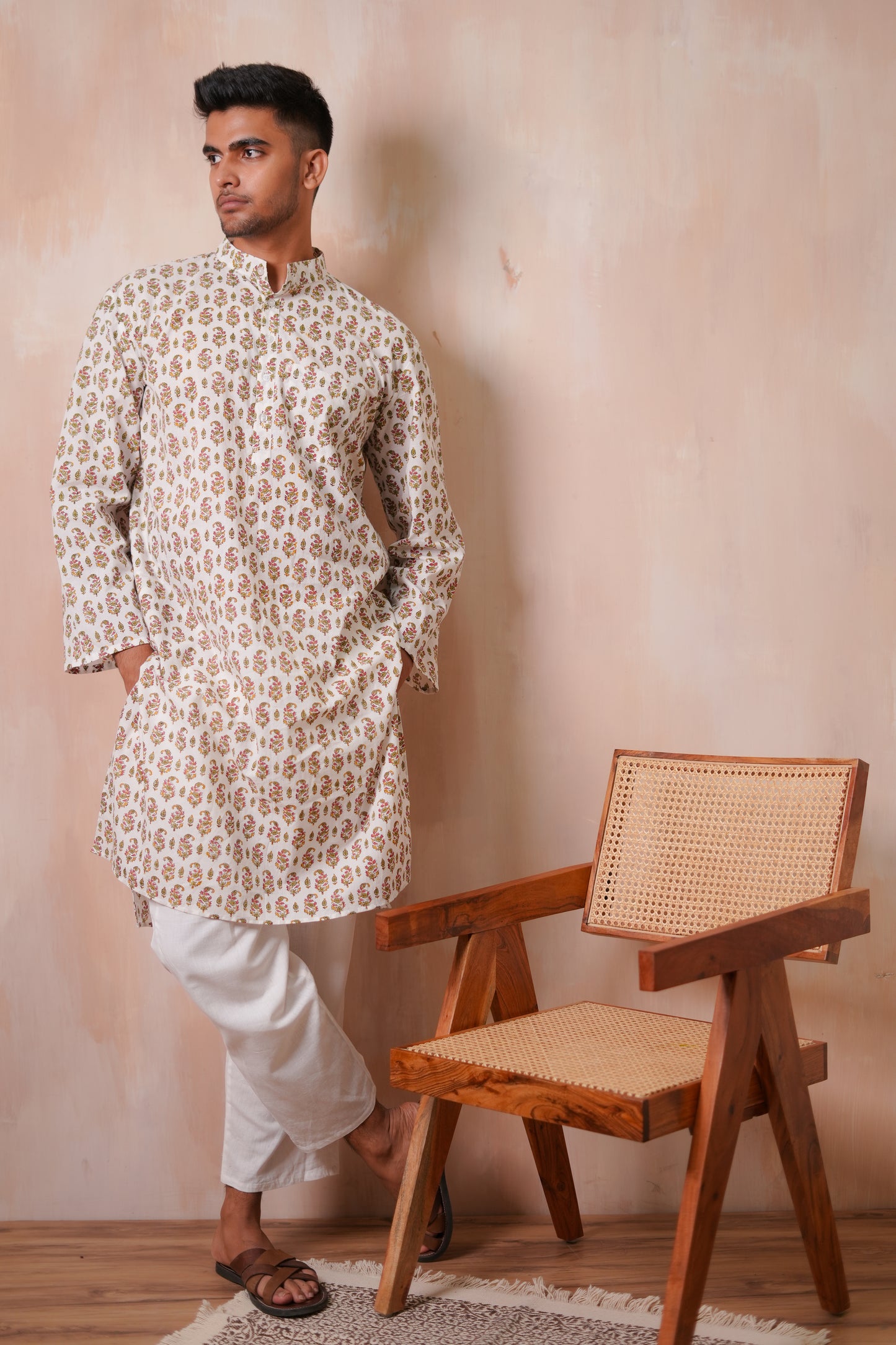 Red Gladiolus Hand Block Printed Buti Kurta Set