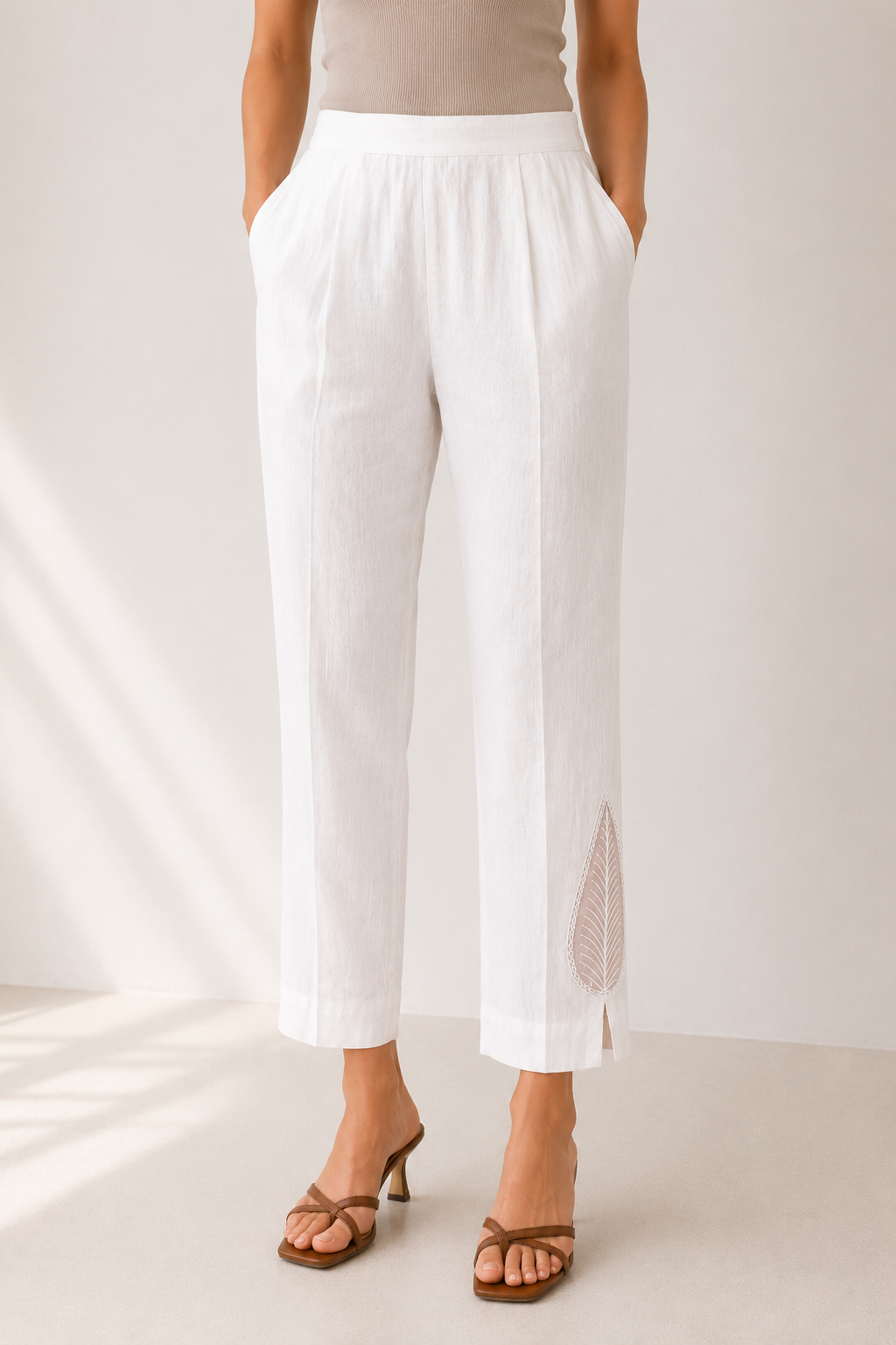 Cotton Straight Pants with Organza Leaf Embroidery