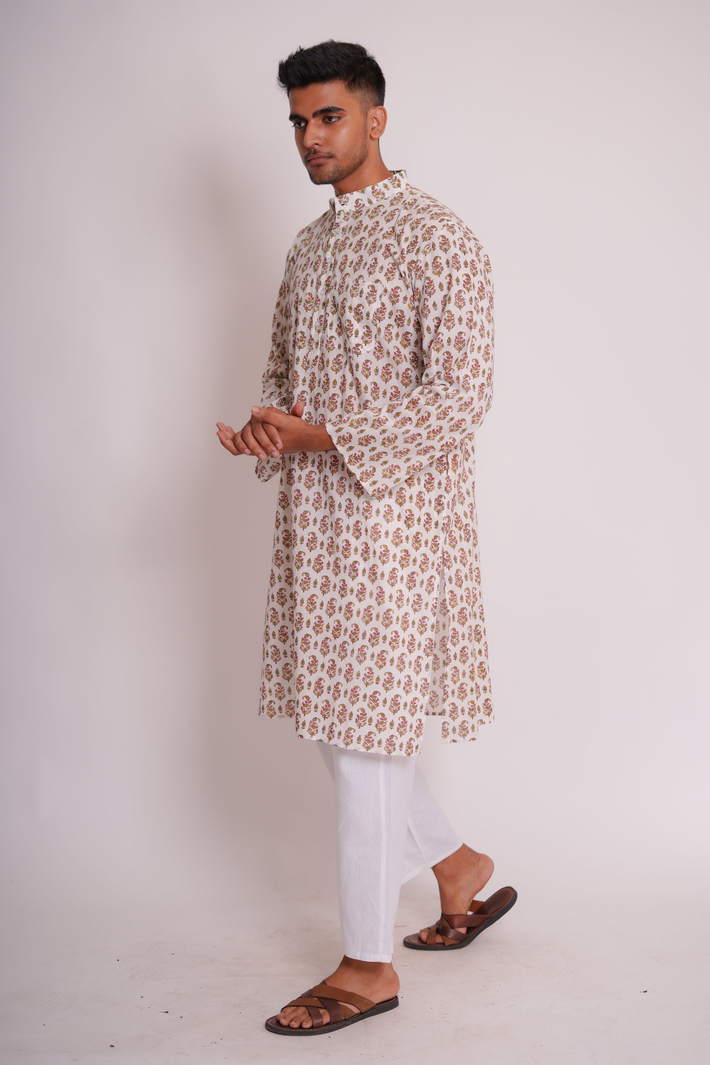 Red Gladiolus Hand Block Printed Buti Kurta Set