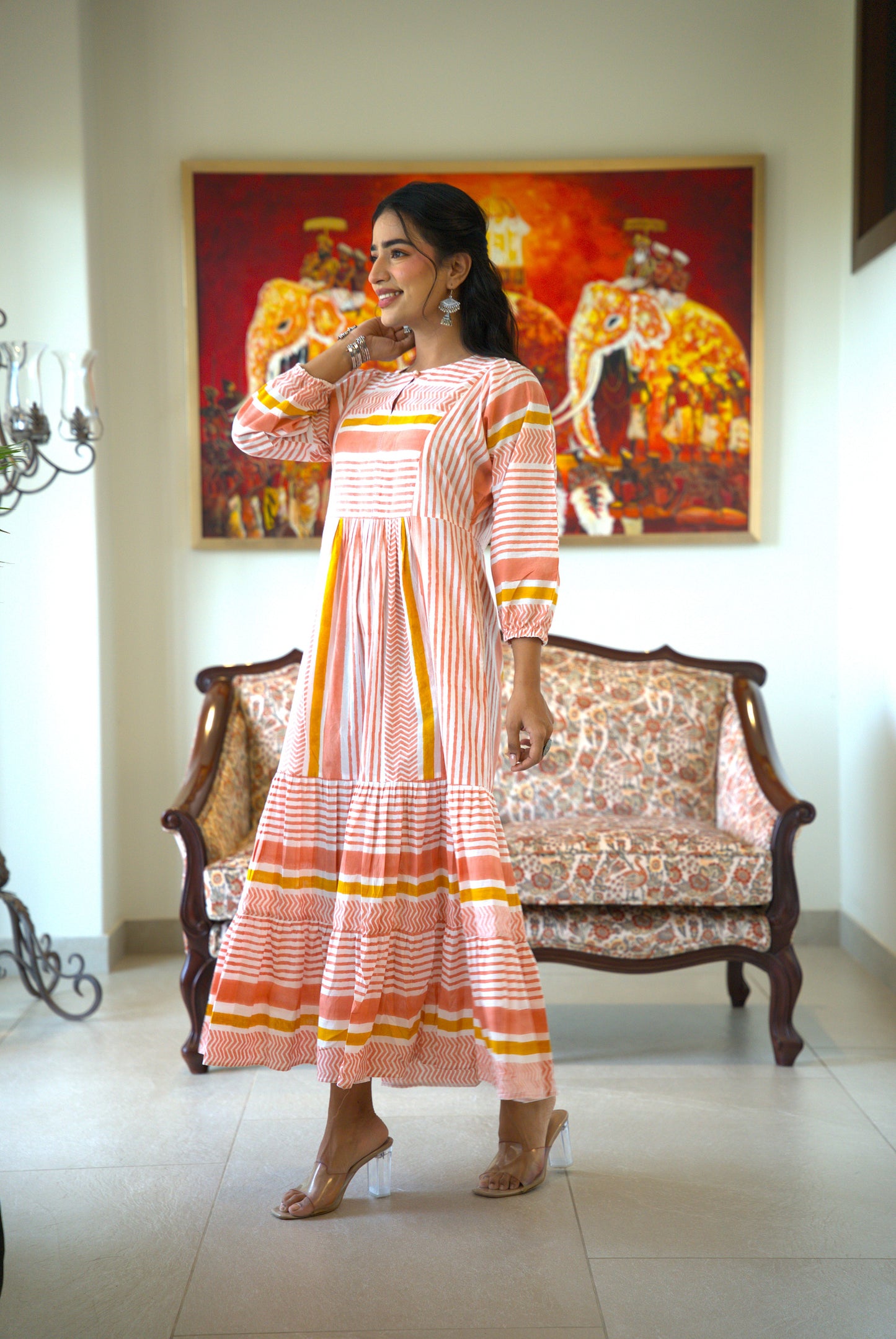Roovia Handblock Printed Tiered Maxi Dress