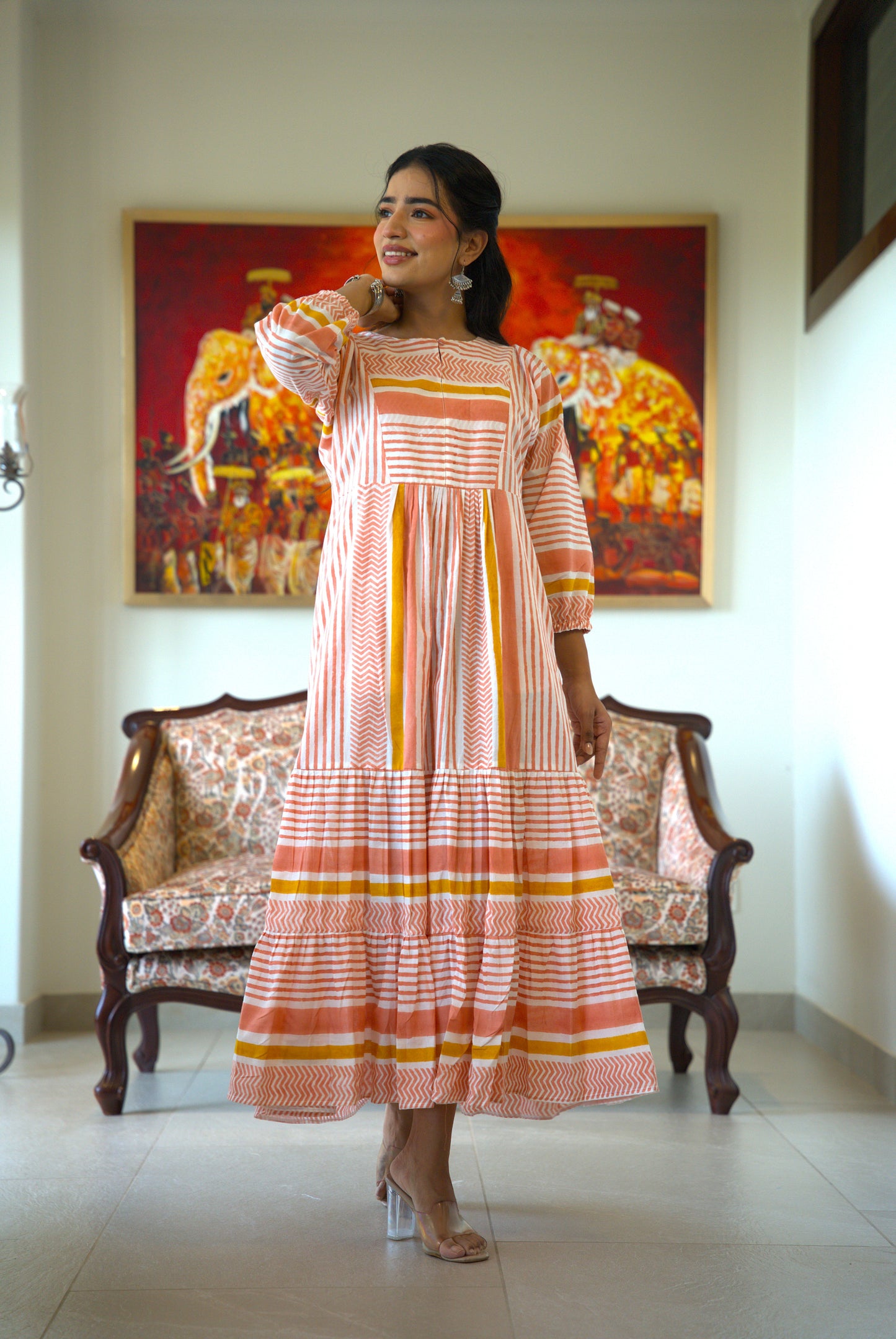 Roovia Handblock Printed Tiered Maxi Dress