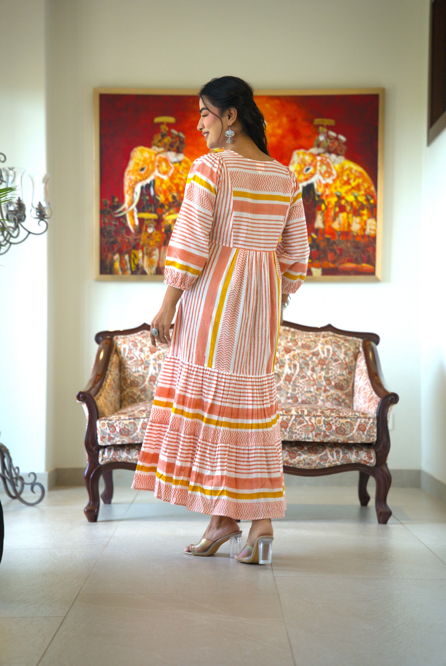 Roovia Handblock Printed Tiered Maxi Dress