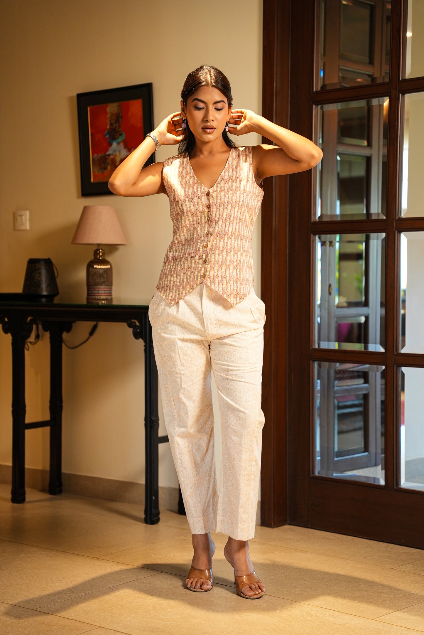 Aarna hand block printed vest coat and jaal print pant