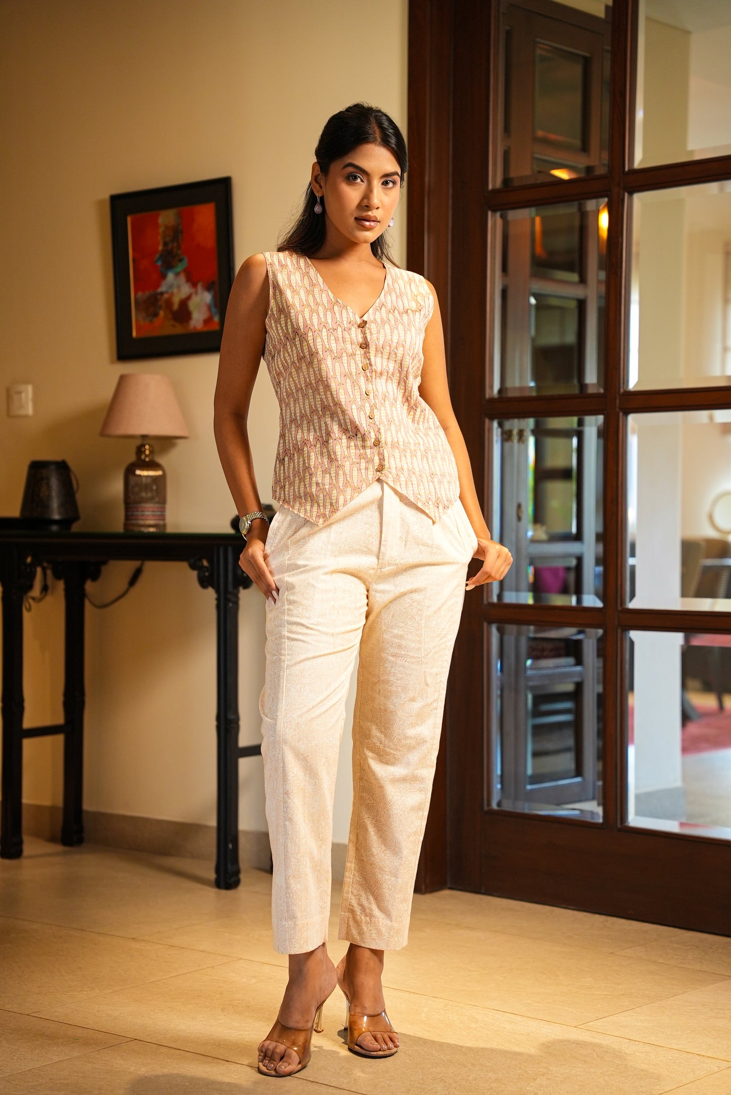 Aarna hand block printed vest coat and jaal print pant