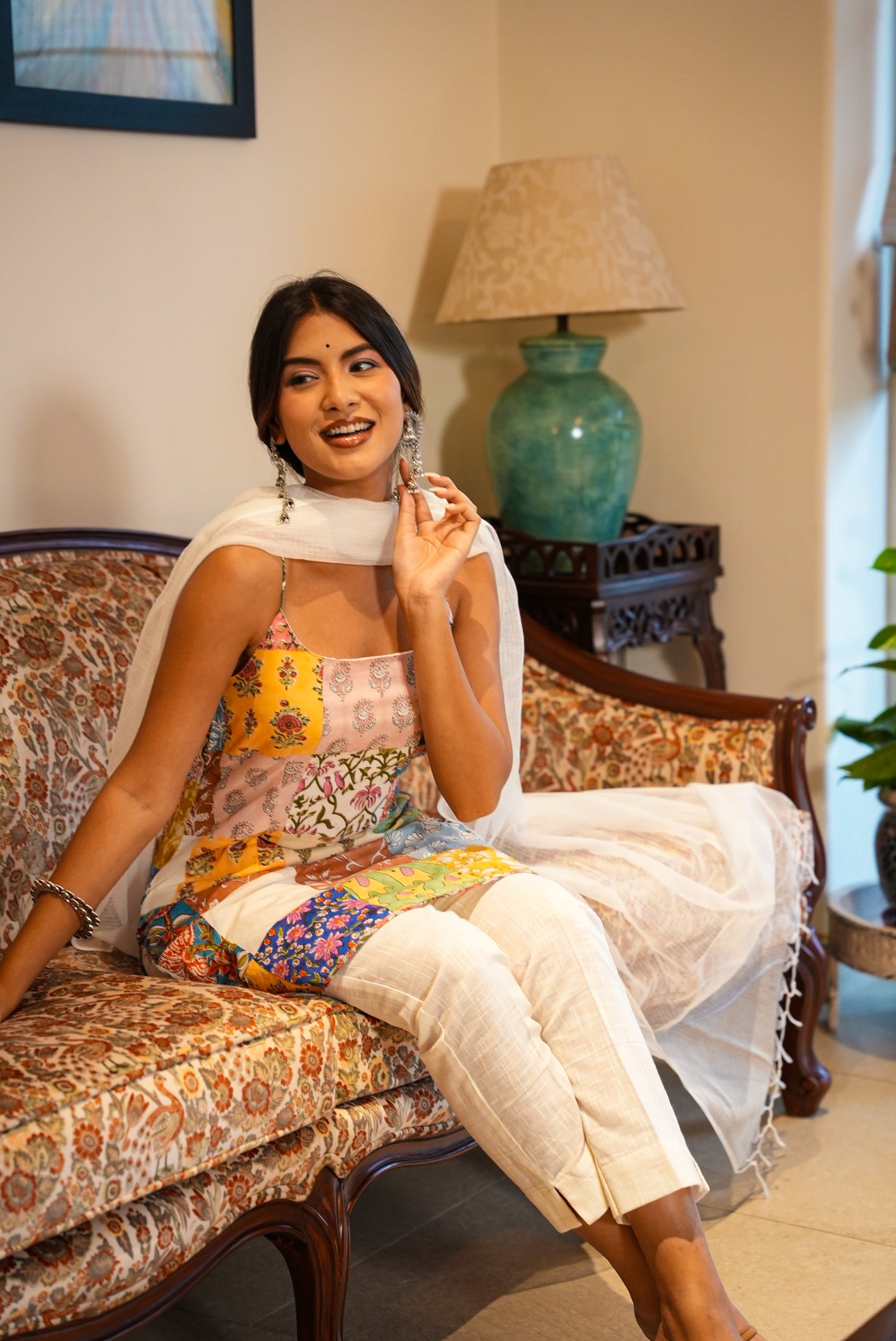 Gulzar hand block printed patchwork kurta and pant set