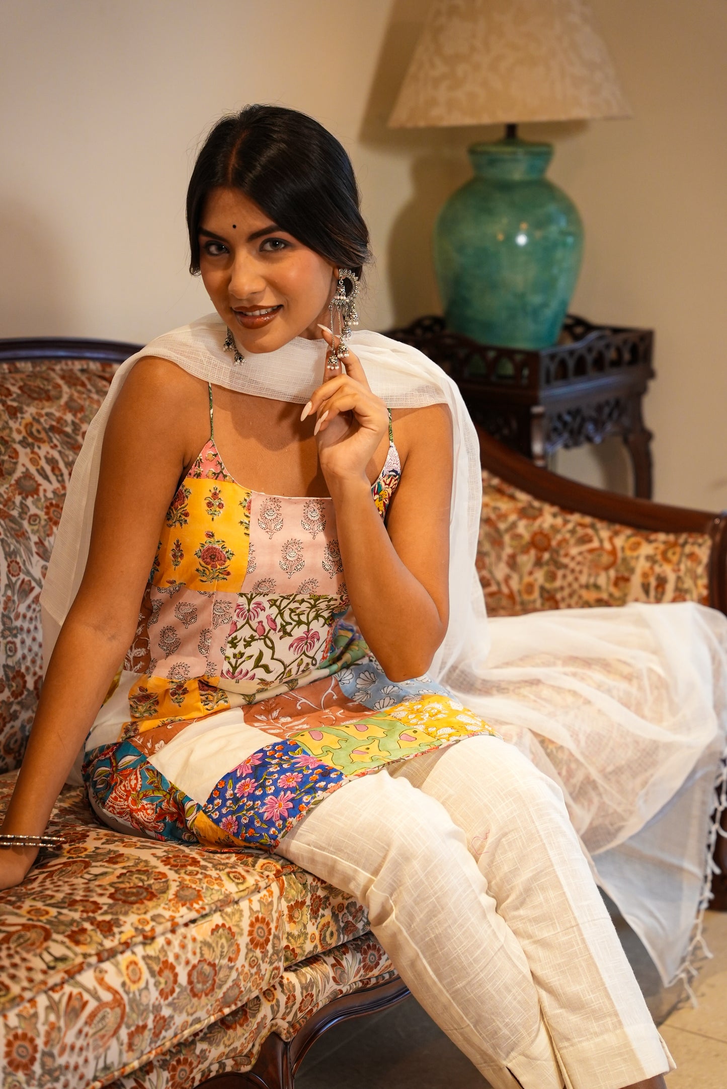 Gulzar hand block printed patchwork kurta and pant set