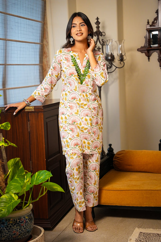 Farah Neck embroidery hand block printed kurta and pant set