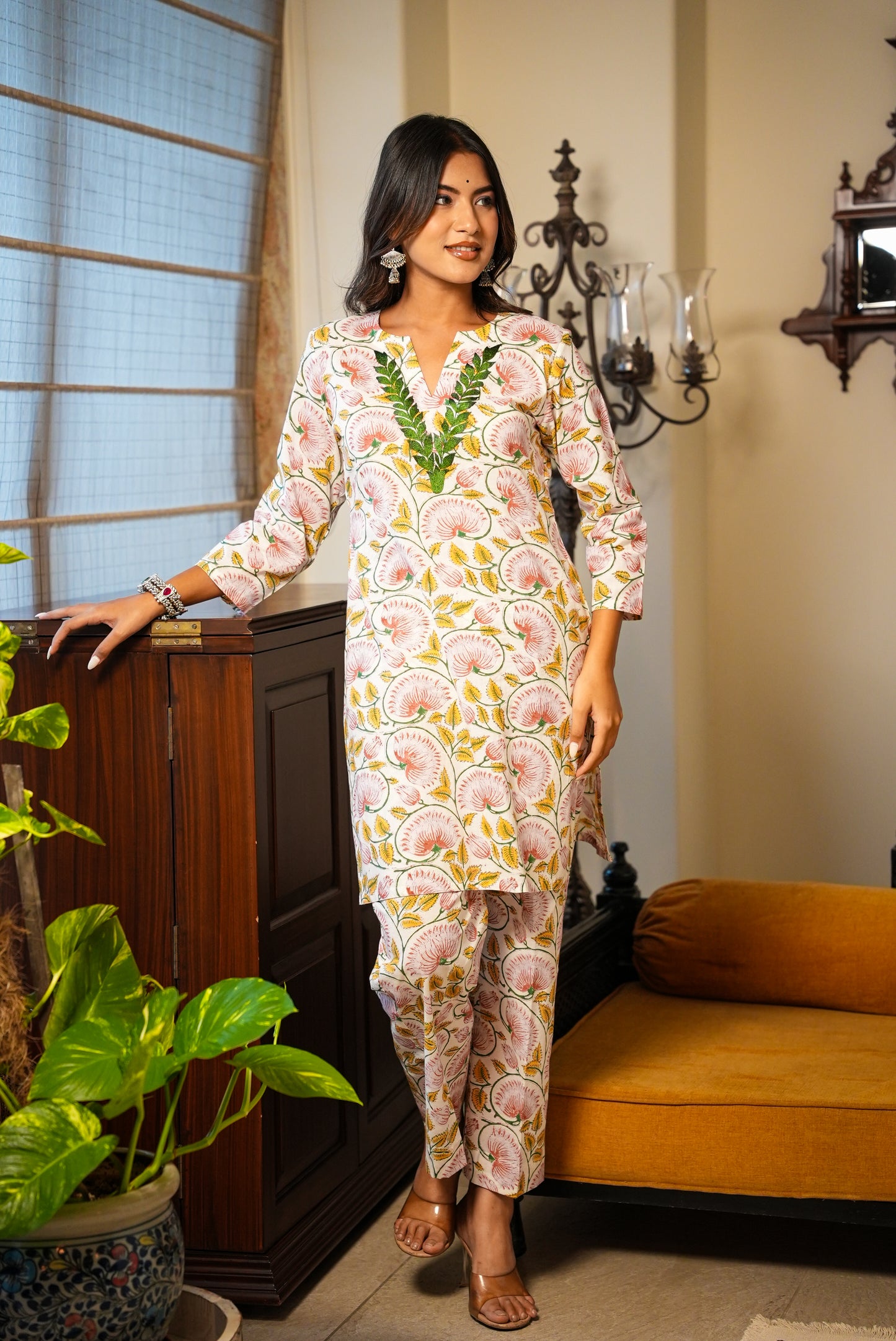 Farah Neck embroidery hand block printed kurta and pant set