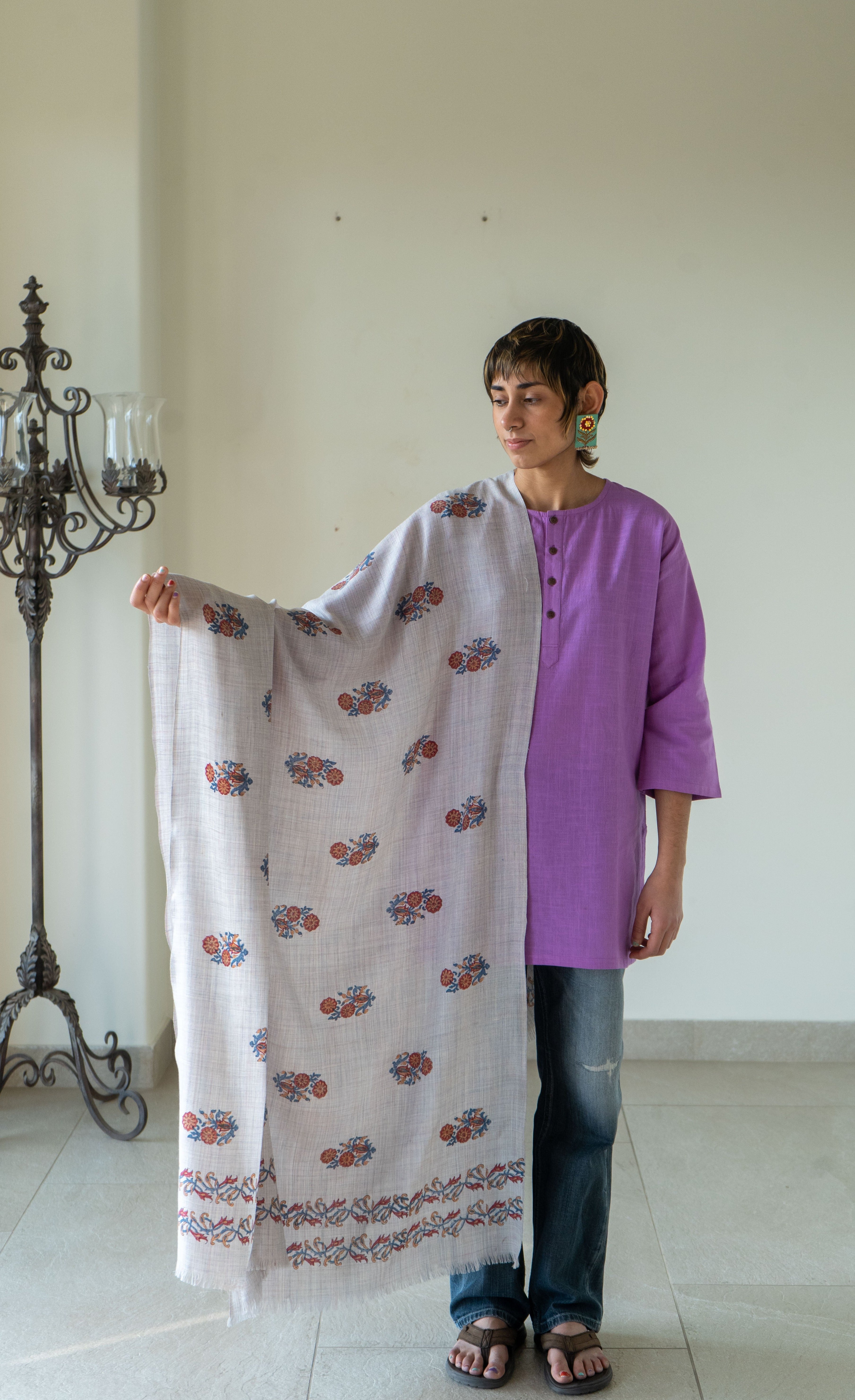 Hand Block Printed Grey Base Woolen Shawl