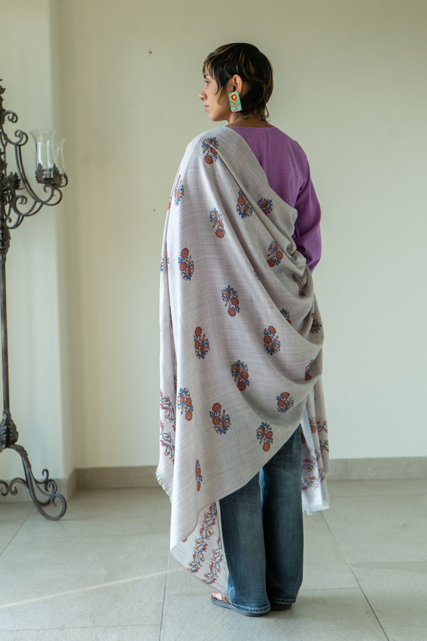 Hand Block Printed Grey Base Woolen Shawl