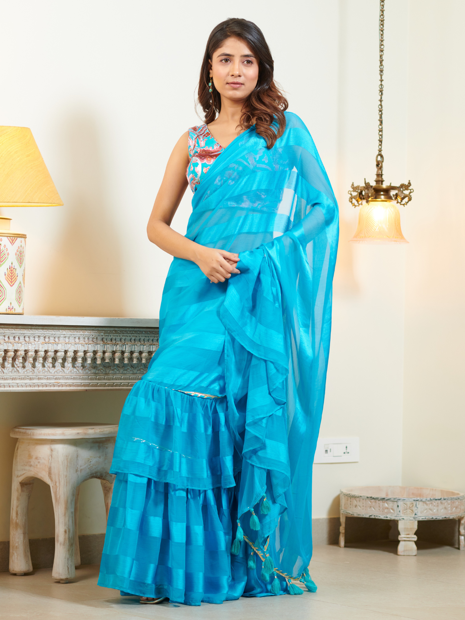 Imported Sky Blue Georgette and Silk Striped Ruffle Saree