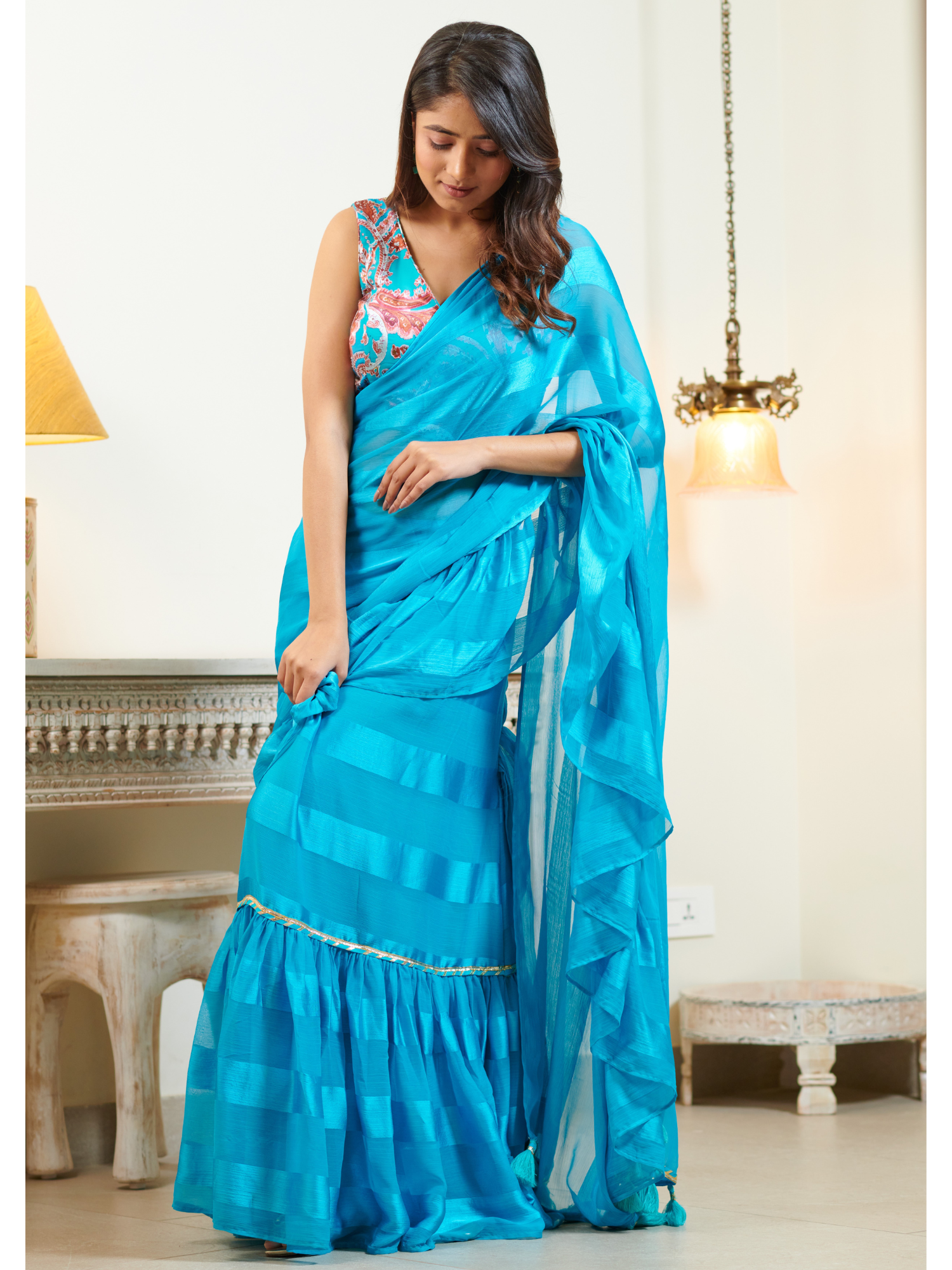 Imported Sky Blue Georgette and Silk Striped Ruffle Saree