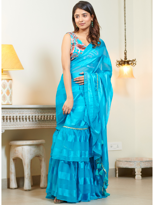 Imported Sky Blue Georgette and Silk Striped Ruffle Saree
