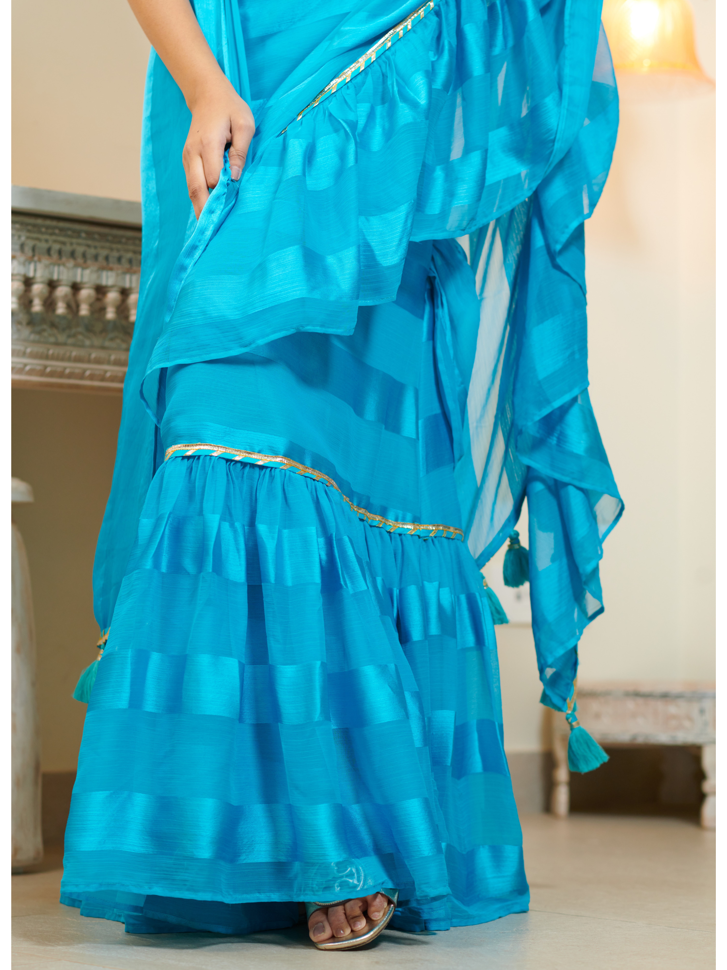 Imported Sky Blue Georgette and Silk Striped Ruffle Saree