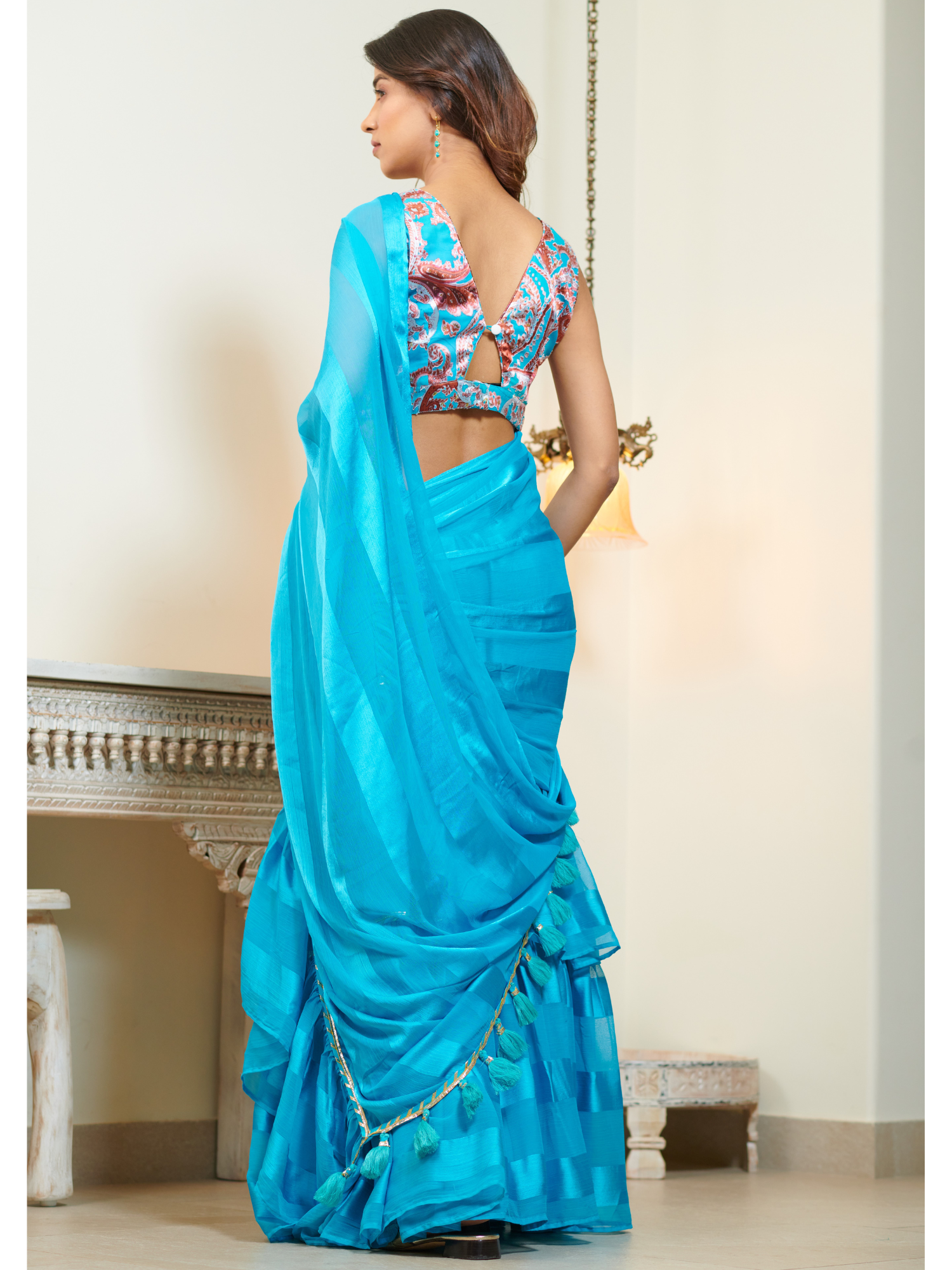 Imported Sky Blue Georgette and Silk Striped Ruffle Saree