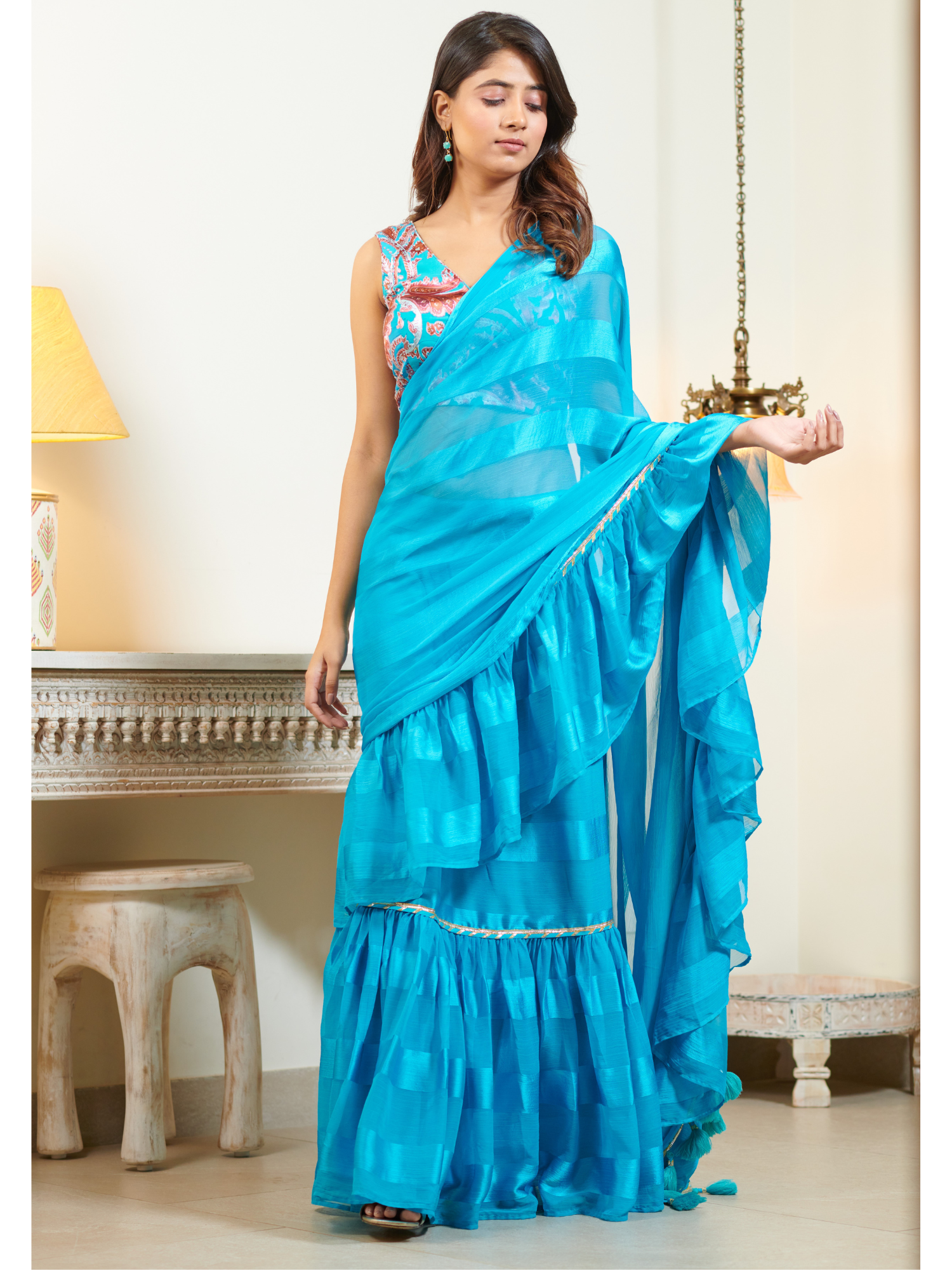 Imported Sky Blue Georgette and Silk Striped Ruffle Saree