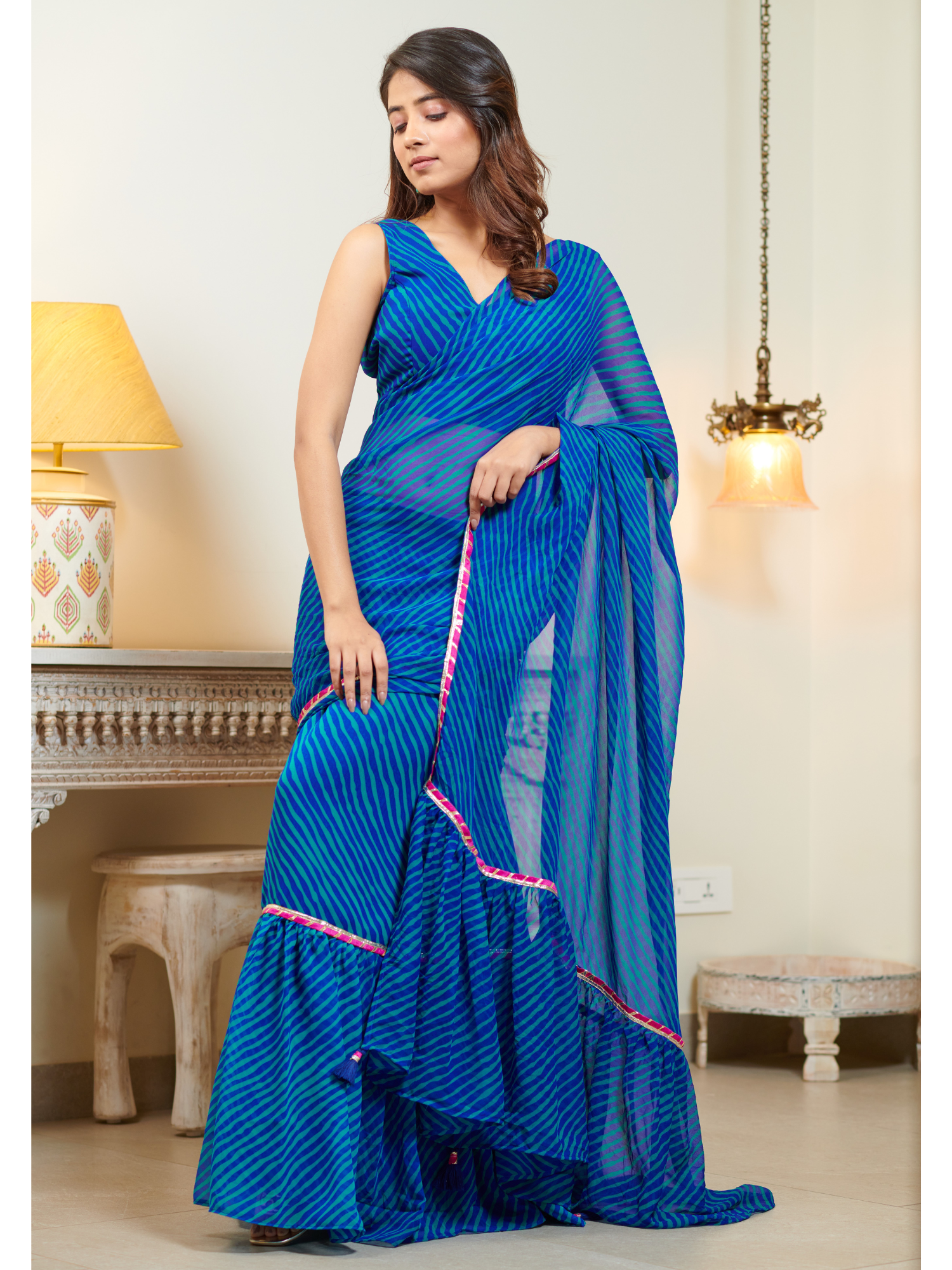 Rutvi Blue Lehriya Pre Draped Ruffle Saree