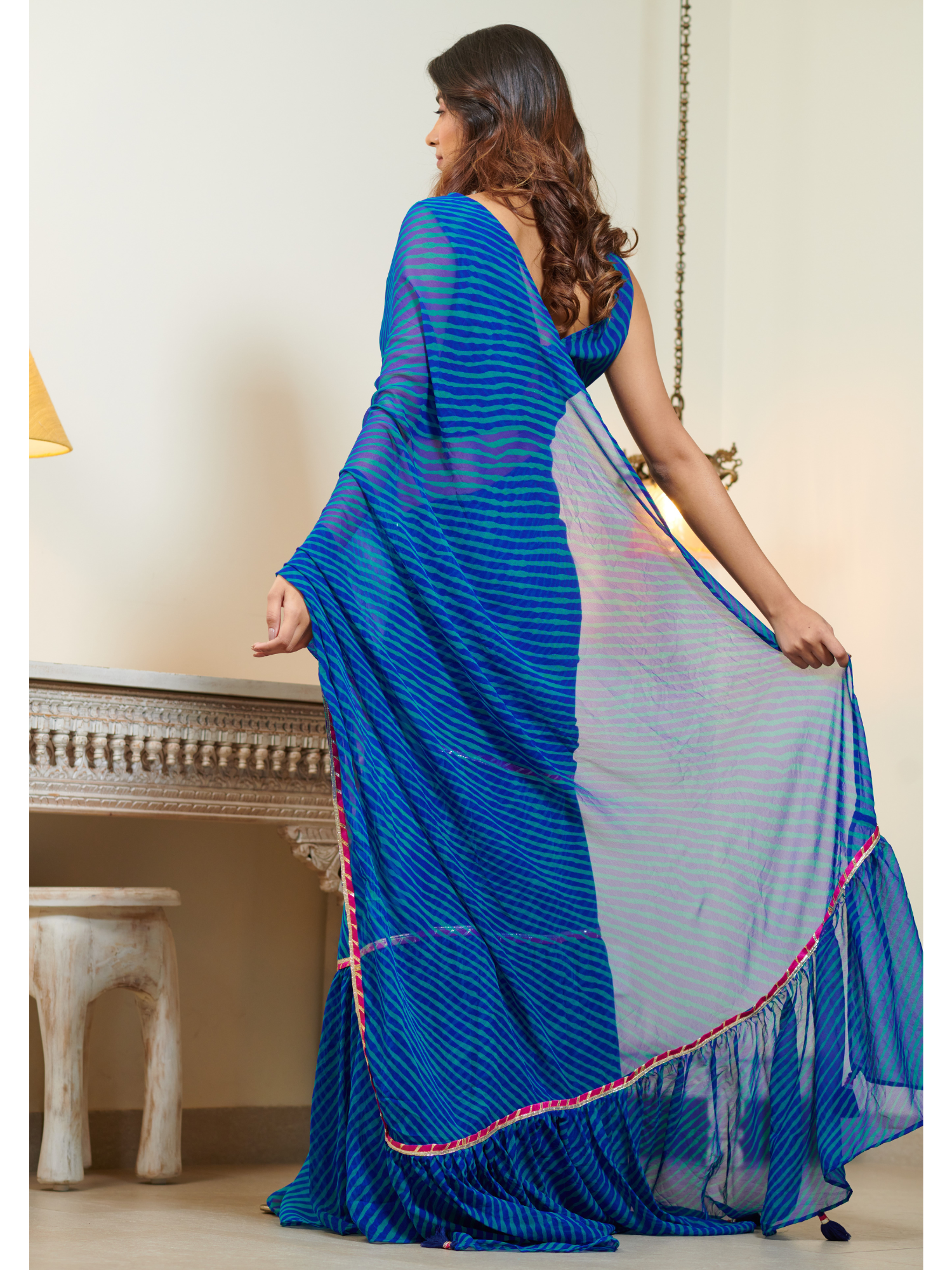 Rutvi Blue Lehriya Pre Draped Ruffle Saree