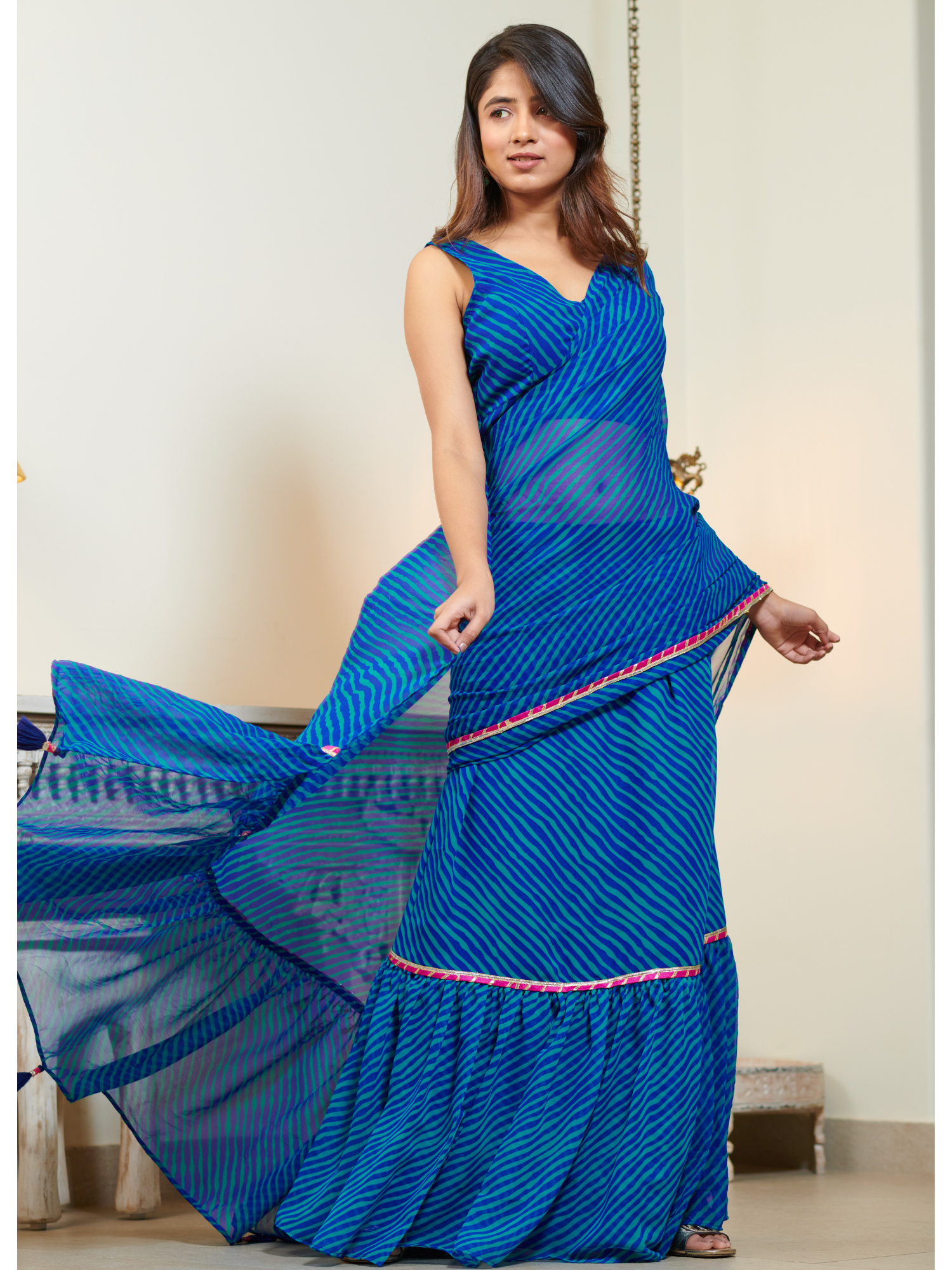 Rutvi Blue Lehriya Pre Draped Ruffle Saree