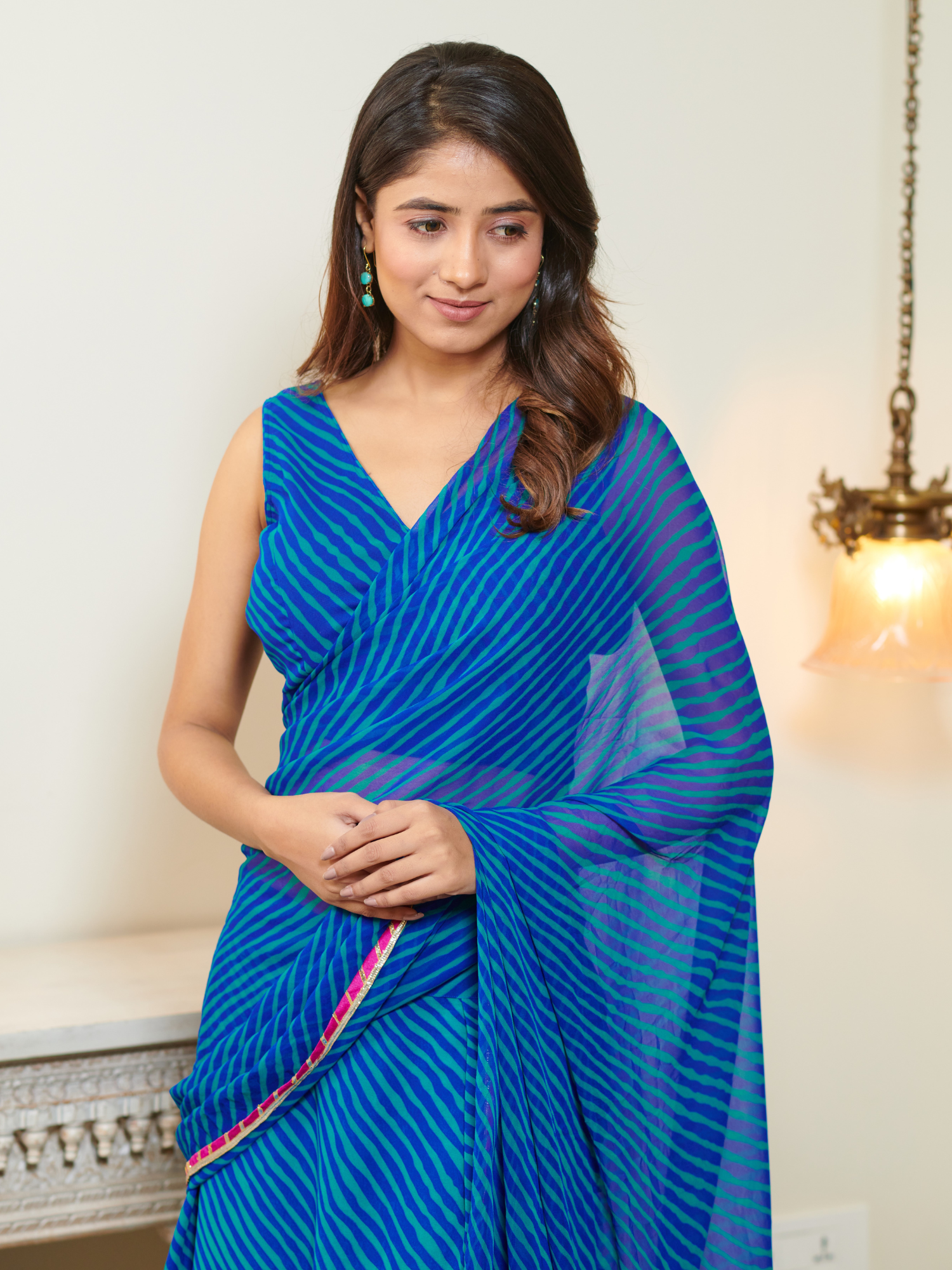 Rutvi Blue Lehriya Pre Draped Ruffle Saree