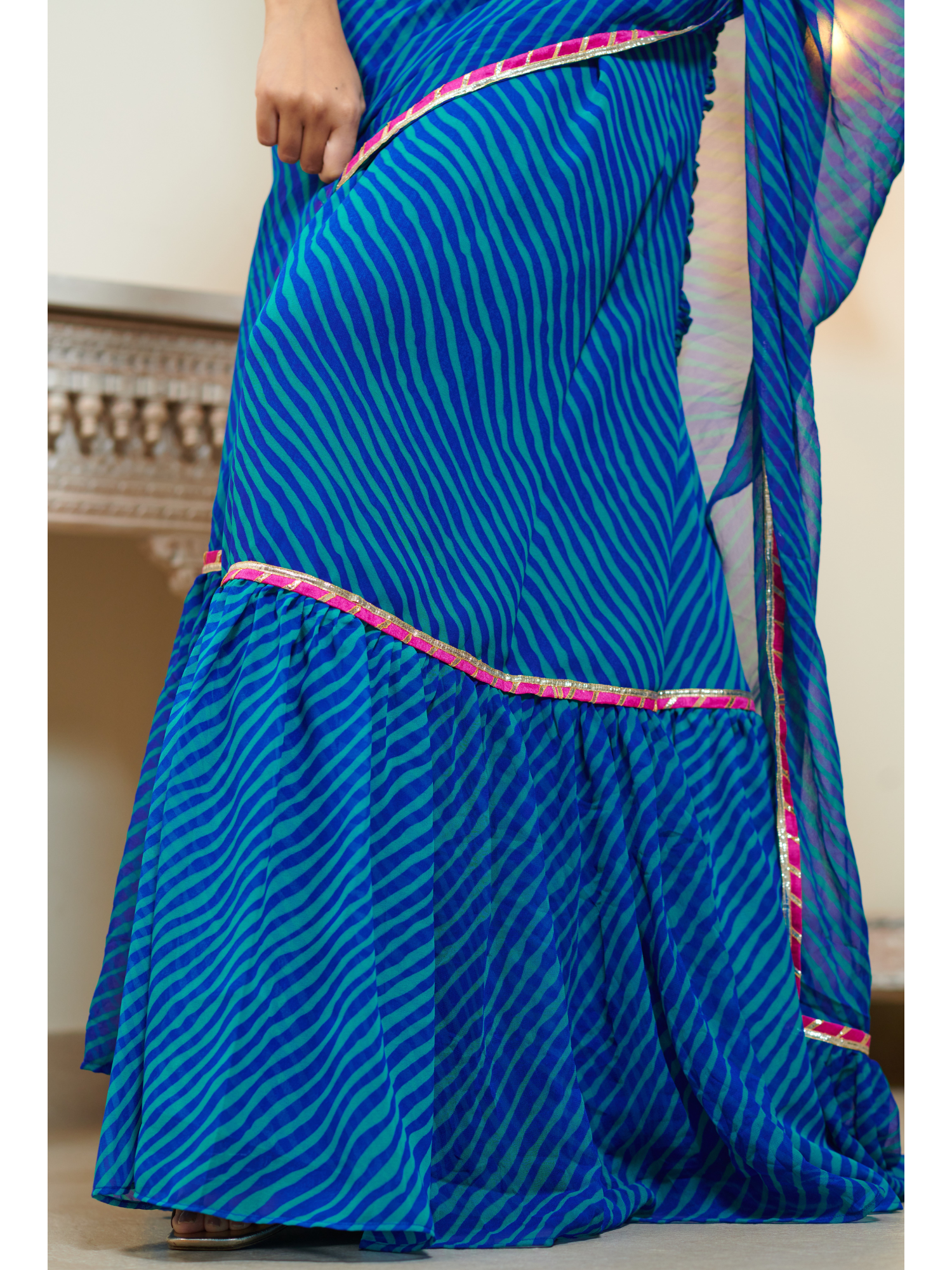 Rutvi Blue Lehriya Pre Draped Ruffle Saree