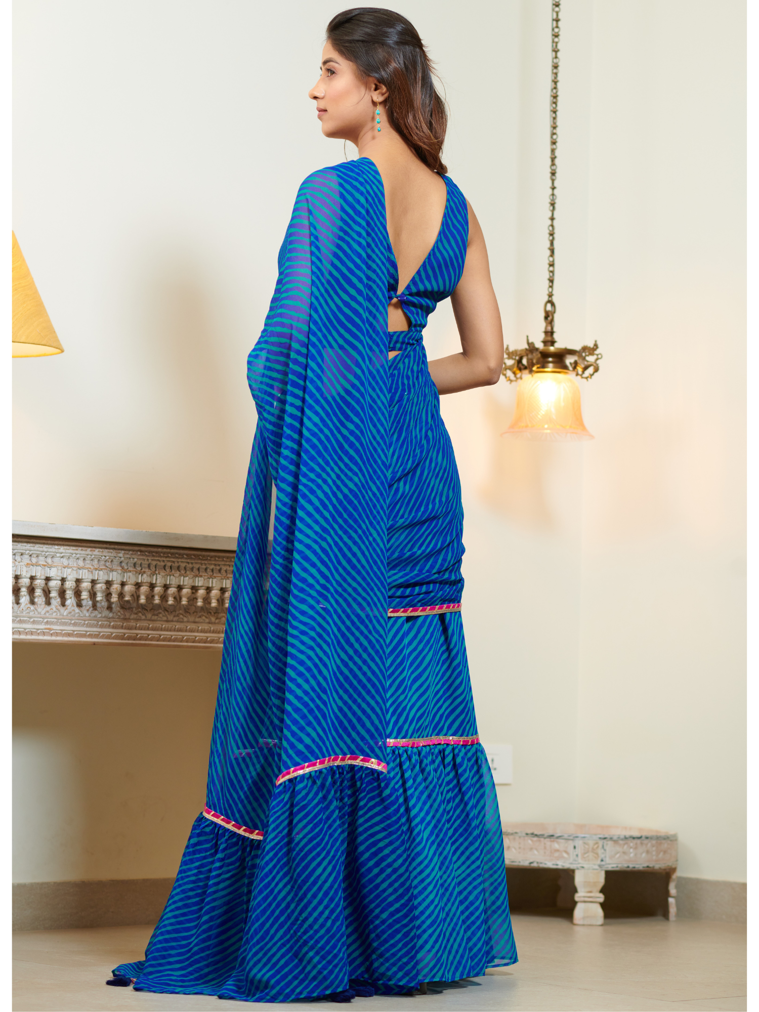 Rutvi Blue Lehriya Pre Draped Ruffle Saree