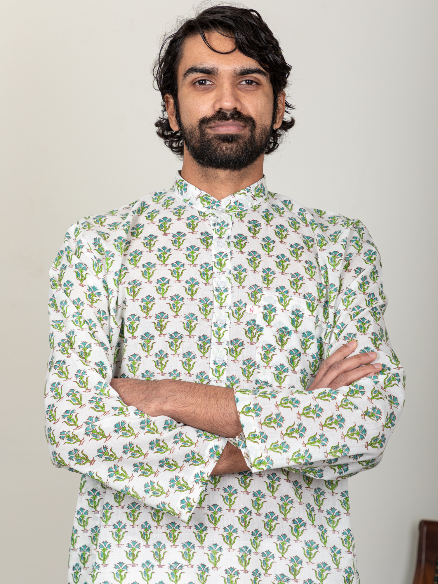 Block Printed Green Buti Men's Kurta