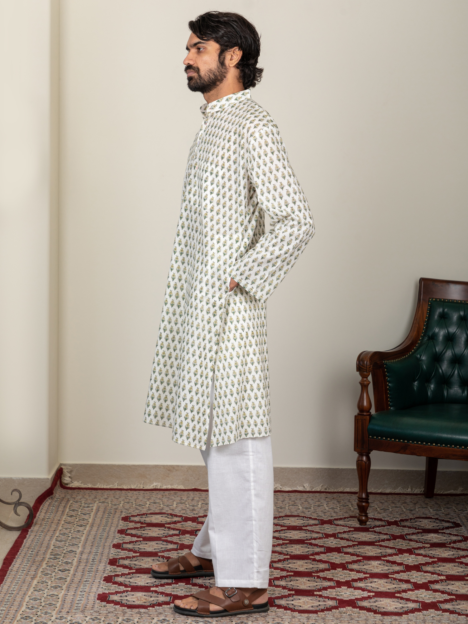 Block Printed Yellow & Green Buti Men's Kurta