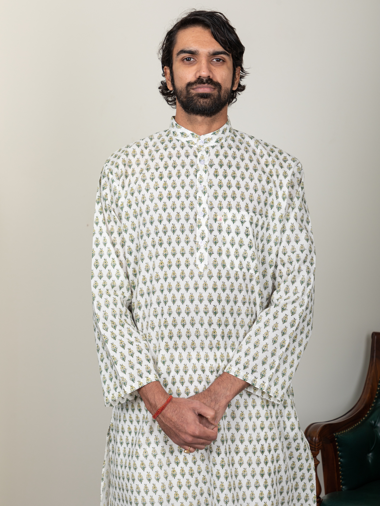 Block Printed Yellow & Green Buti Men's Kurta