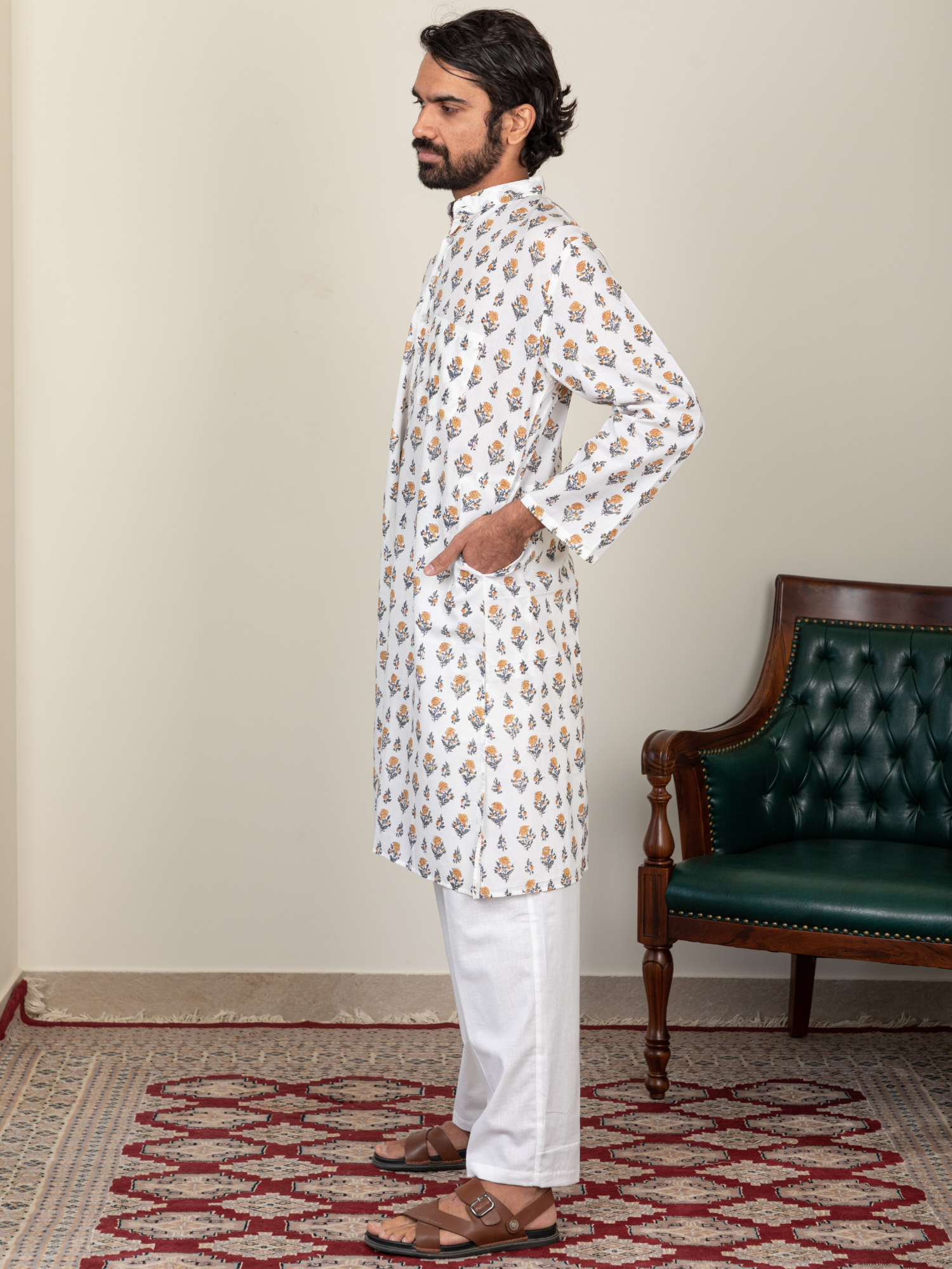 Block Printed Yellow & Black Buti Men's Kurta