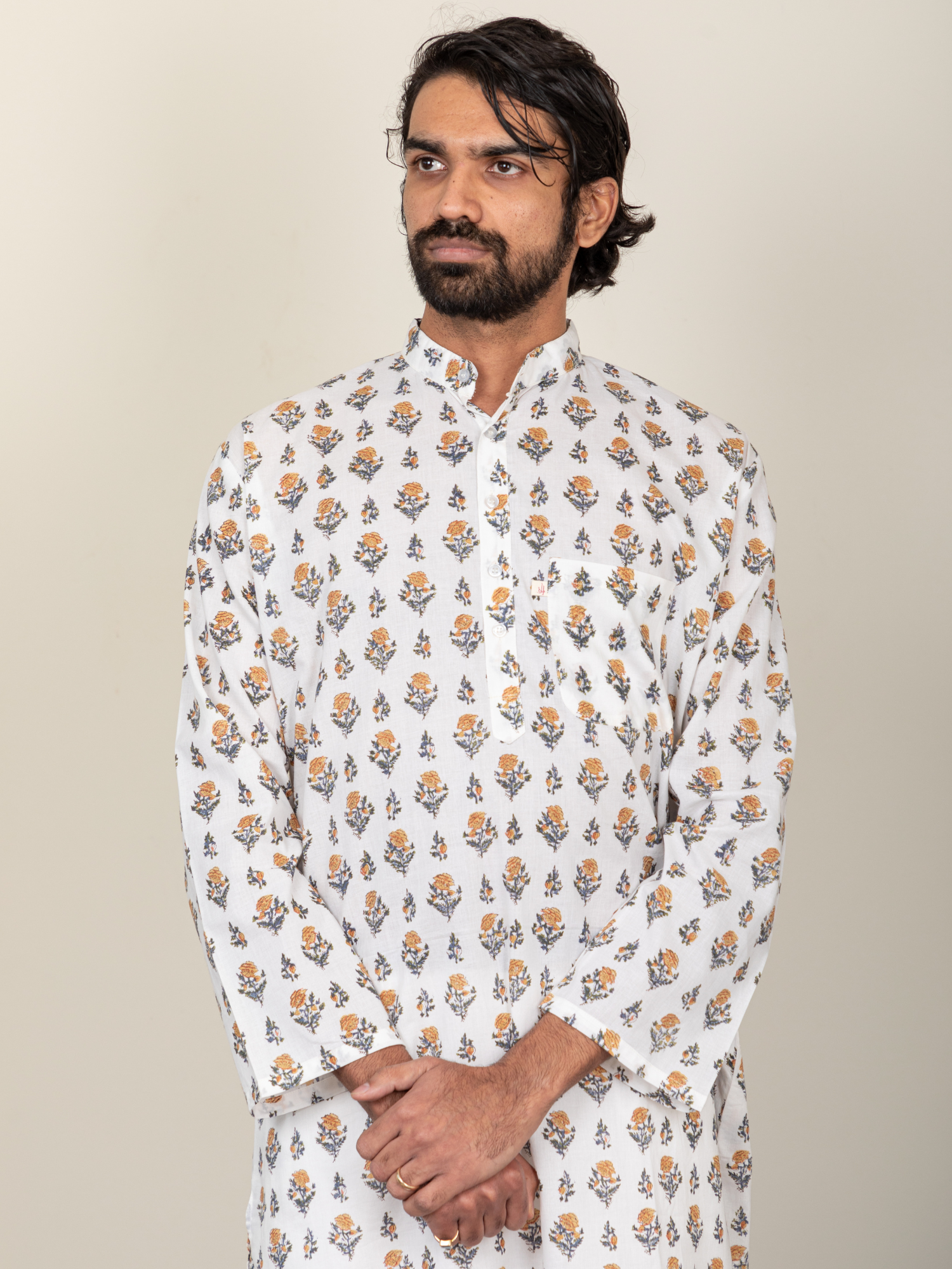 Block Printed Yellow & Black Buti Men's Kurta