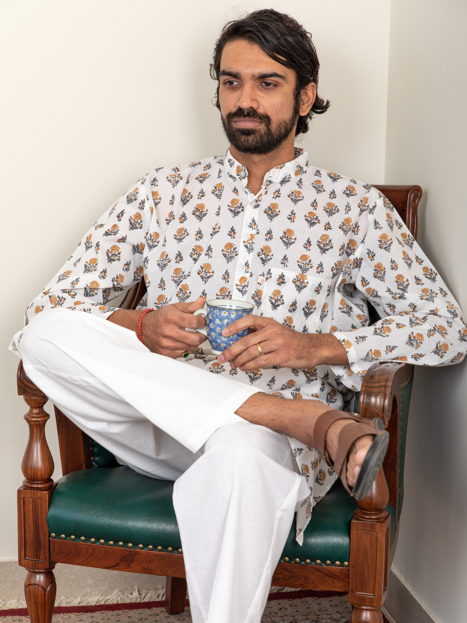 Block Printed Yellow & Black Buti Men's Kurta