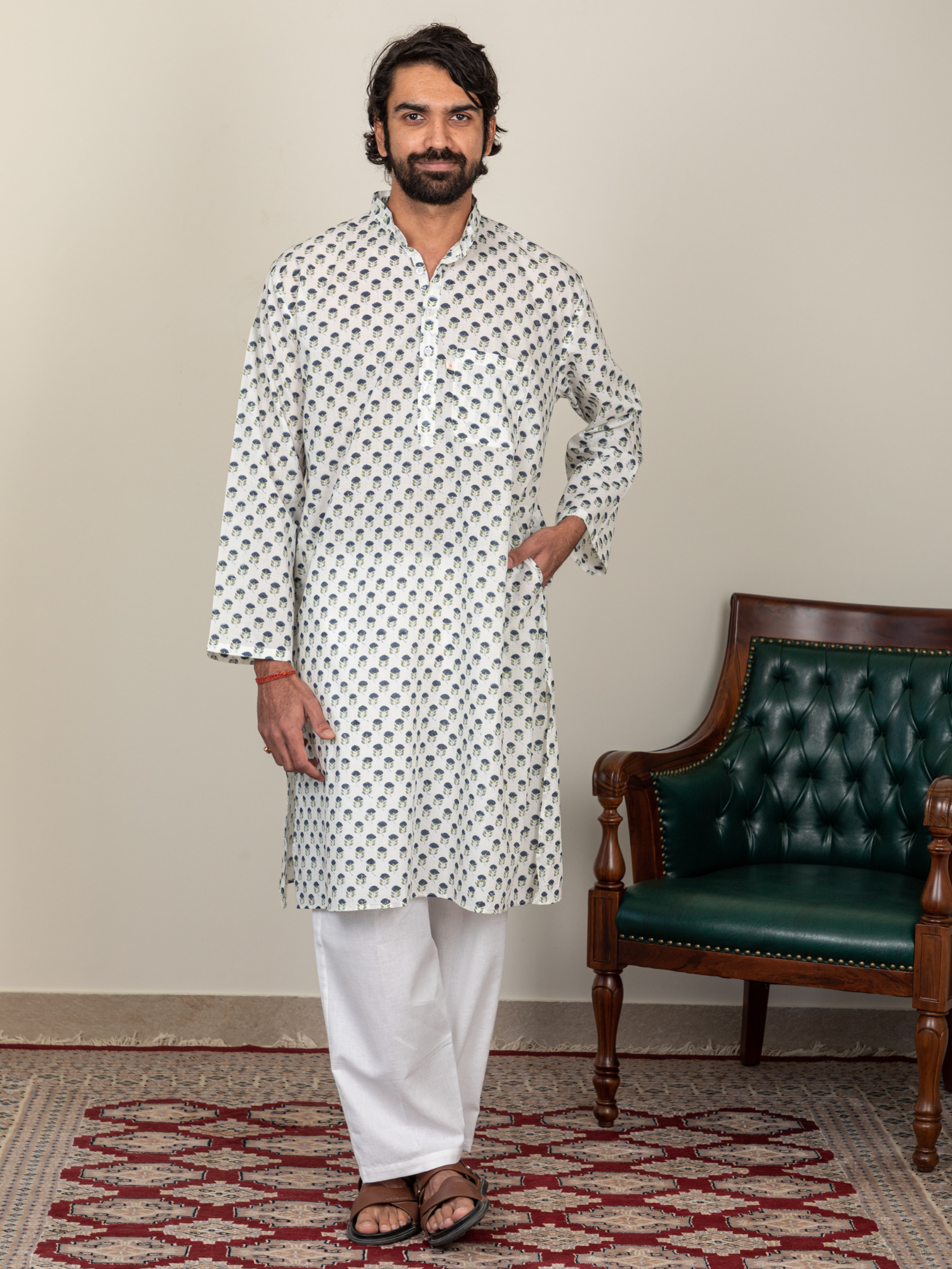 Block Printed Blue & Green Buti Men's Kurta