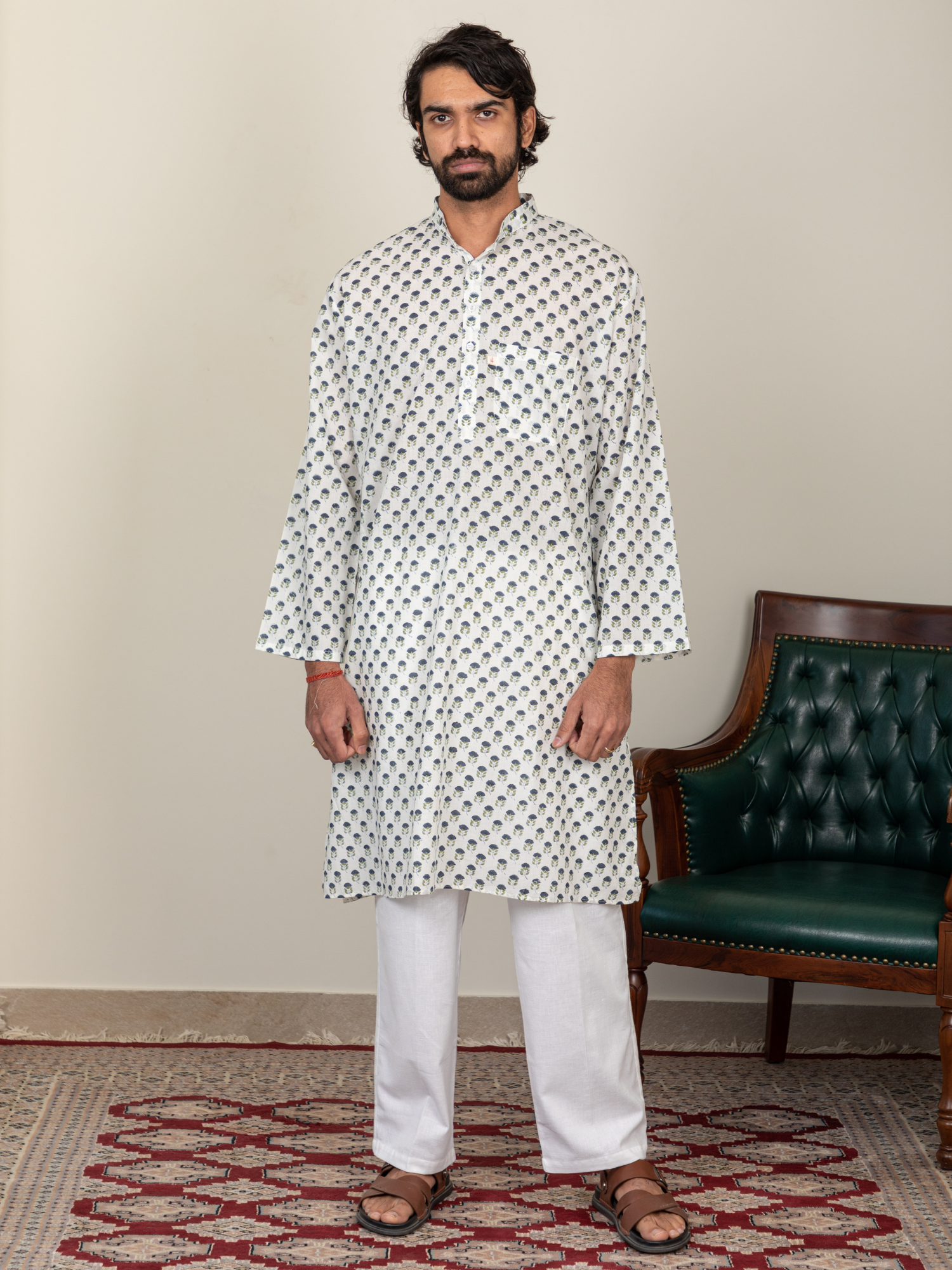 Block Printed Blue & Green Buti Men's Kurta